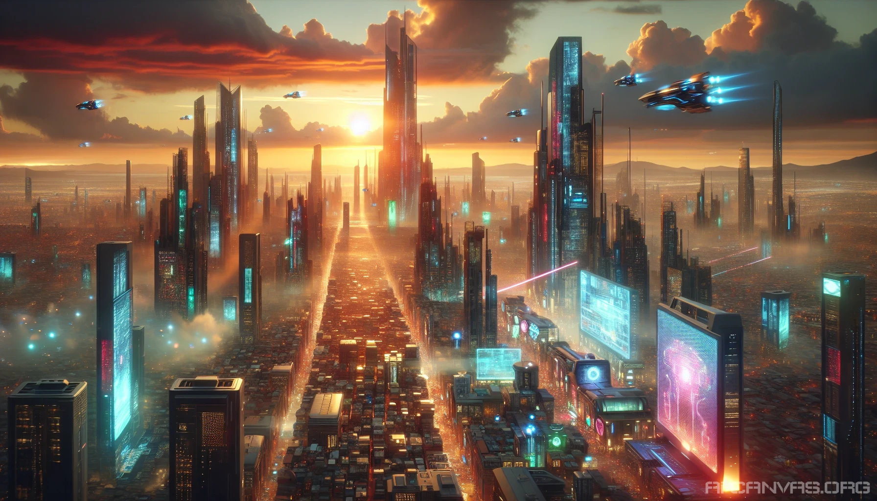 Envision a sprawling metropolis bathed in the warm hues of a setting sun, where sleek skyscrapers pierce the clouds, adorned with neon lights and holographic advertisements. Flying vehicles zip through the air, leaving trails of luminescence behind them. Below, bustling streets are filled with a diverse crowd, robots mingling alongside humans. The atmosphere is alive with energy, merging advanced technology with an intriguing sense of wonder and possibility.