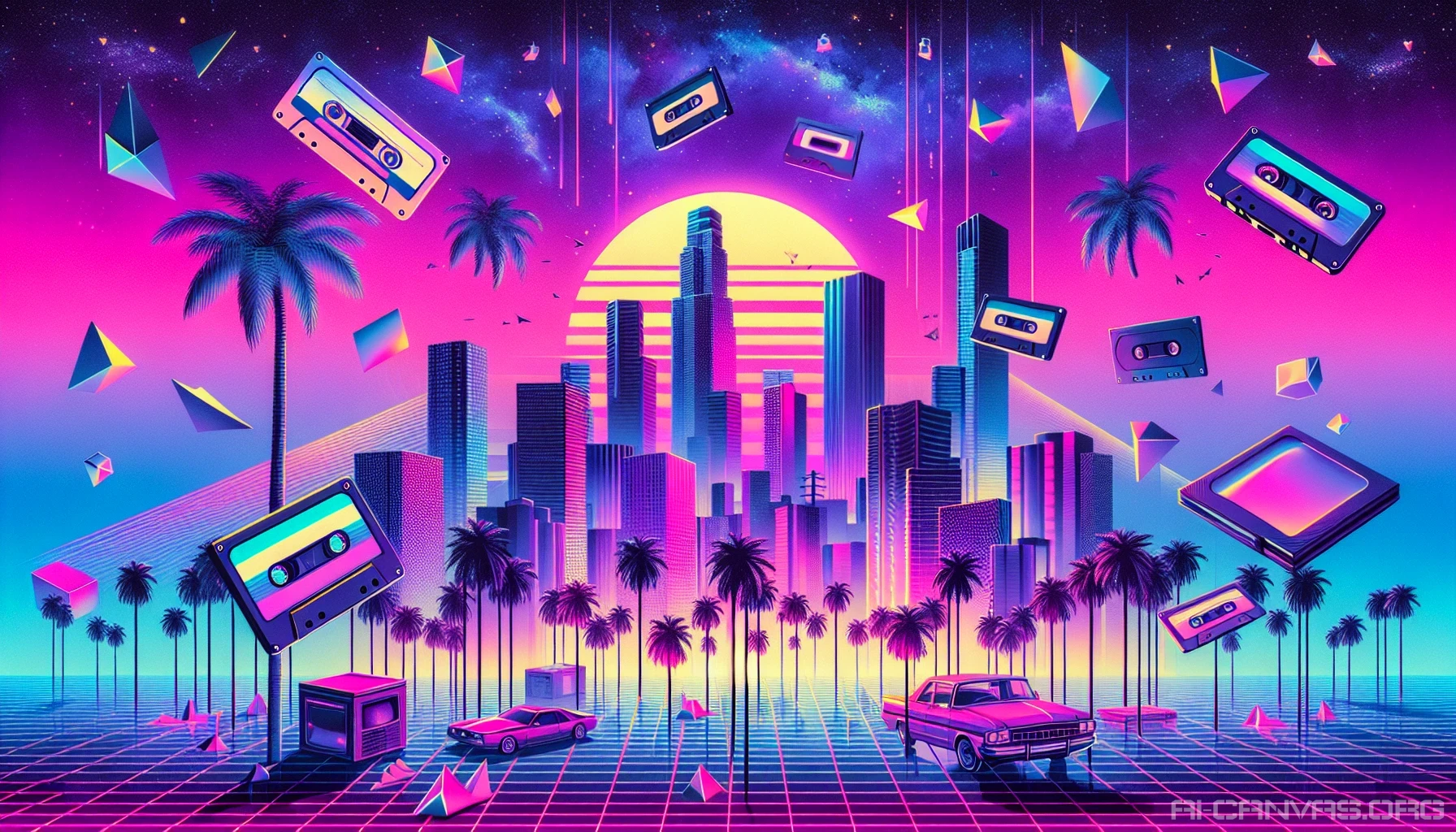 Immerse yourself in a surreal landscape where vibrant neon colors and retro aesthetics collide. Picture a sprawling cityscape bathed in pastel hues, featuring palm trees, vintage technology, and geometric shapes. Floating cassette tapes and VHS graphics adorn the skyline, while a dreamy gradient sky tinged with purple and pink sets the mood. This scene captures the essence of nostalgia, inviting viewers to escape into a whimsical, vaporwave-inspired reality.