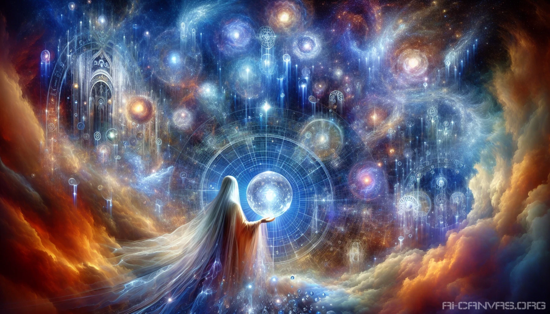 Visualize a stunning cosmic scene where vibrant galaxies collide, casting radiant light across a celestial landscape. In the foreground, an otherworldly figure, draped in ethereal robes, gazes into a crystal orb that reflects heavenly visions of future realms. Intricate symbols swirl in the air, echoing ancient prophecies. The backdrop is an explosion of colors—deep blues, fiery oranges, and glittering whites—inviting viewers to glimpse the mysteries of the universe.
