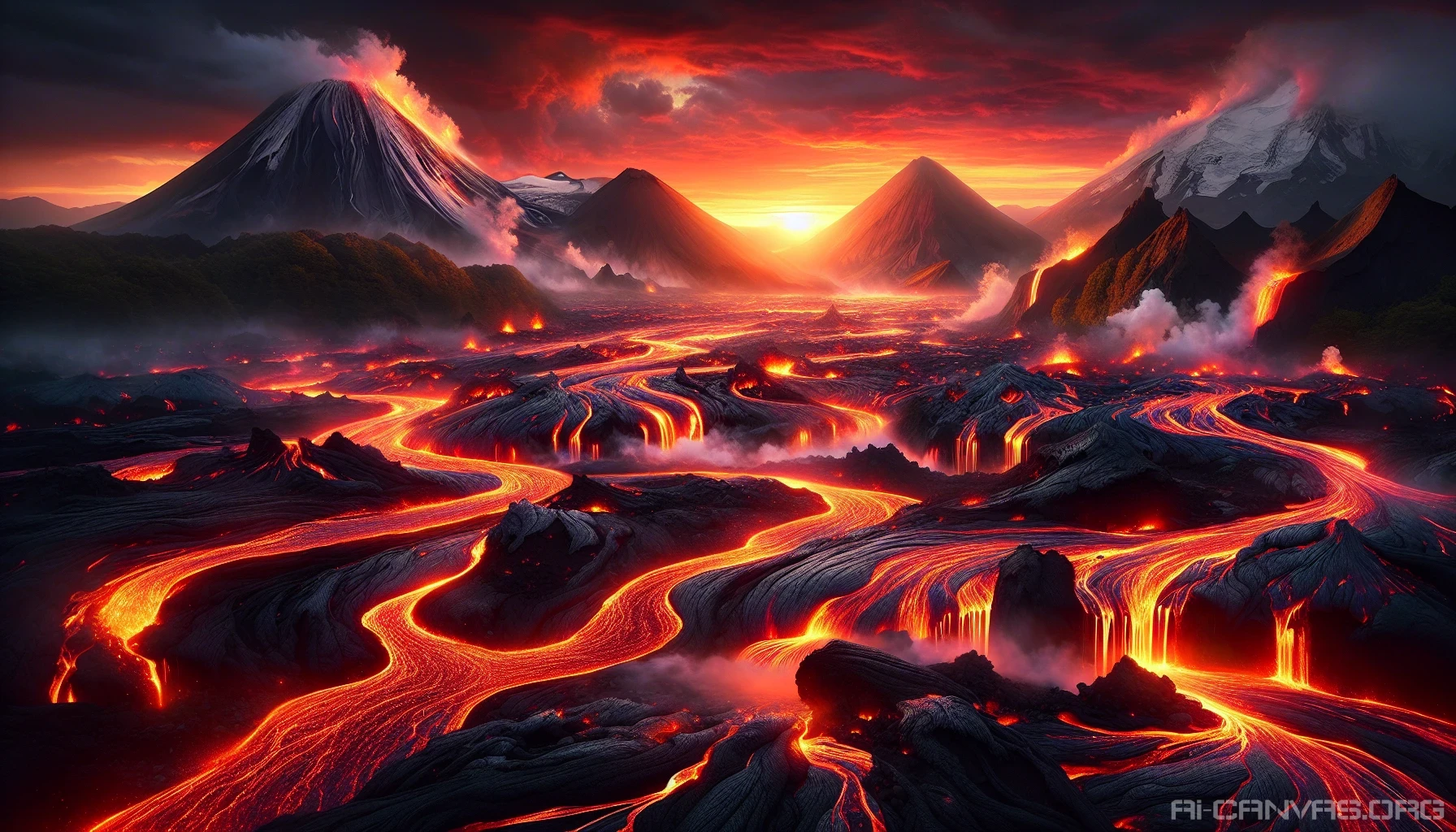 Immerse yourself in a breathtaking volcanic landscape where rivers of molten lava flow dynamically through rugged terrain. Towering ash-laden mountains rise in the background, their peaks shimmering under a fiery sunset. The glowing orange and red hues of the lava contrast with the deep blacks and grays of cooled basalt, creating a mesmerizing spectacle. Ethereal wisps of steam rise, adding an otherworldly atmosphere to this dramatic scene.
