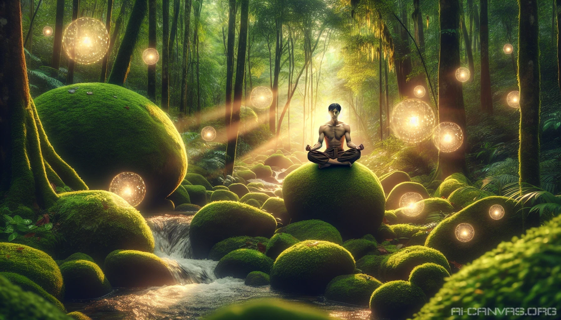 Imagine a serene landscape where a meditative figure sits cross-legged atop a vibrant, moss-covered rock, surrounded by a lush forest. Soft rays of golden sunlight filter through the dense canopy, creating a tranquil atmosphere. A gentle stream flows nearby, its crystal-clear water shimmering in the light. Ethereal orbs of light dance in the air, symbolizing spiritual energy, inviting viewers to connect with their inner peace and harmony.