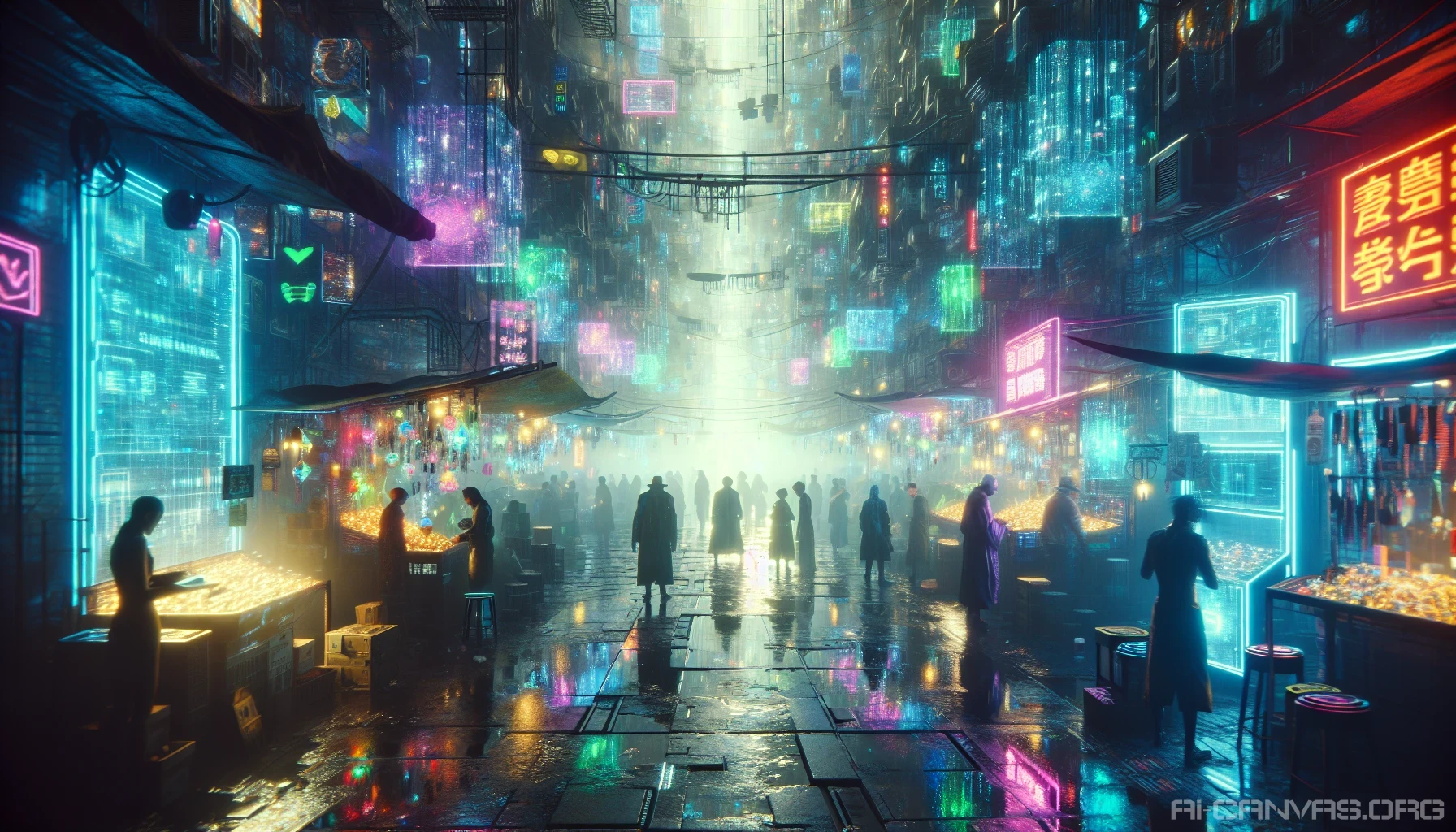 Dive into a bustling cyberpunk market shrouded in neon haze, where black-market cybernetics vendors hawk their wares beneath flickering holograms. The air is thick with electric energy, and rain-soaked floors mirror the chaos above. Dark-clad hackers barter secrets, while vivid displays of cutting-edge augmentations dazzle the eyes. Explore this dystopian world, where technology and desperation intertwine in an edgy, vibrant tapestry of urban life.