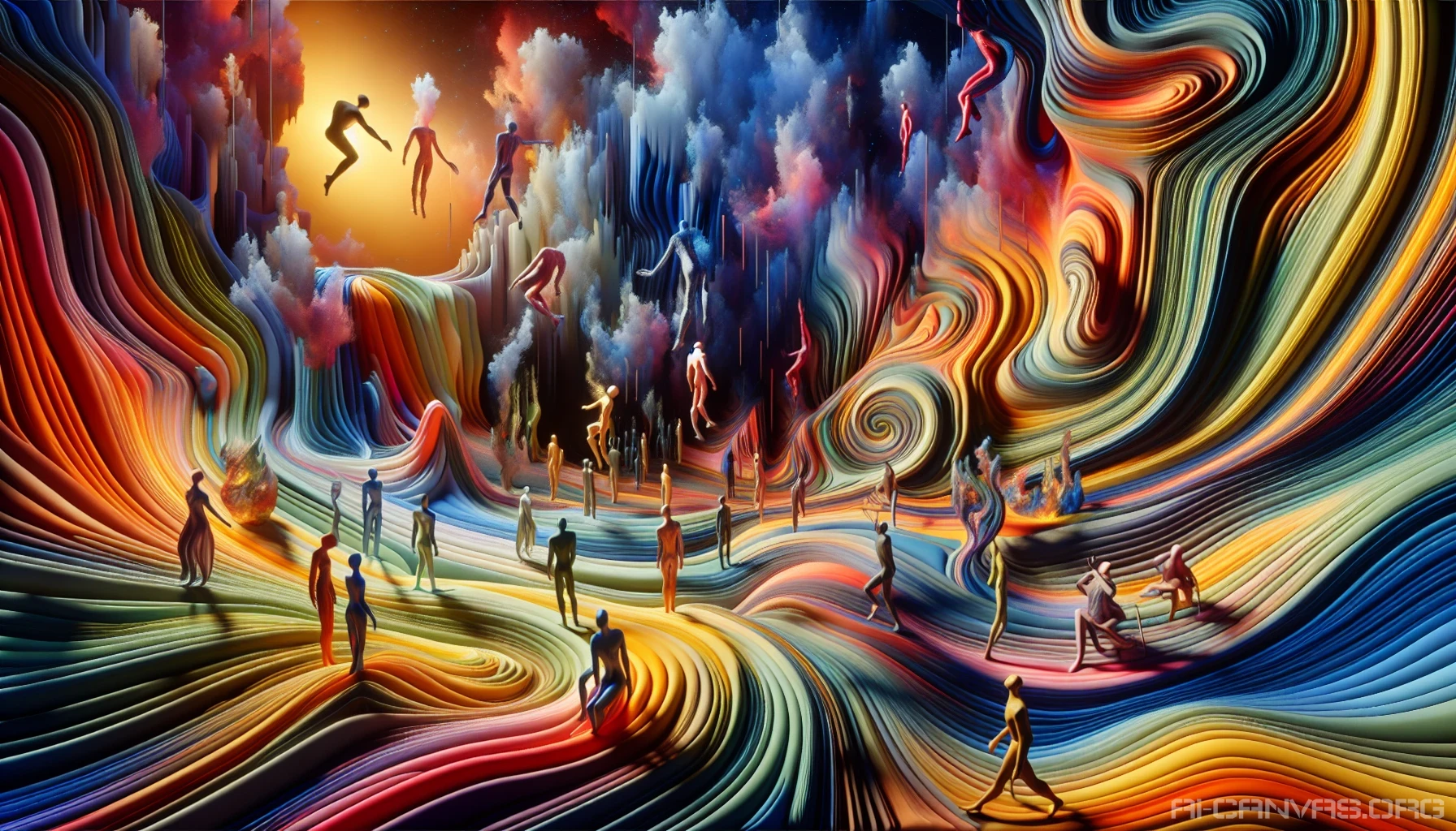 Imagine a world where reality melts away into abstract forms and vibrant colors collide. The scene is filled with distorted landscapes, where gravity is defied and time stretches like a rubber band. Amidst swirling clouds and fragmented shapes, ethereal figures dance between realms, embodying feelings of confusion and wonder. This dreamscape invites viewers to question their perception, merging the tangible with the fantastical in a striking visual dialogue.