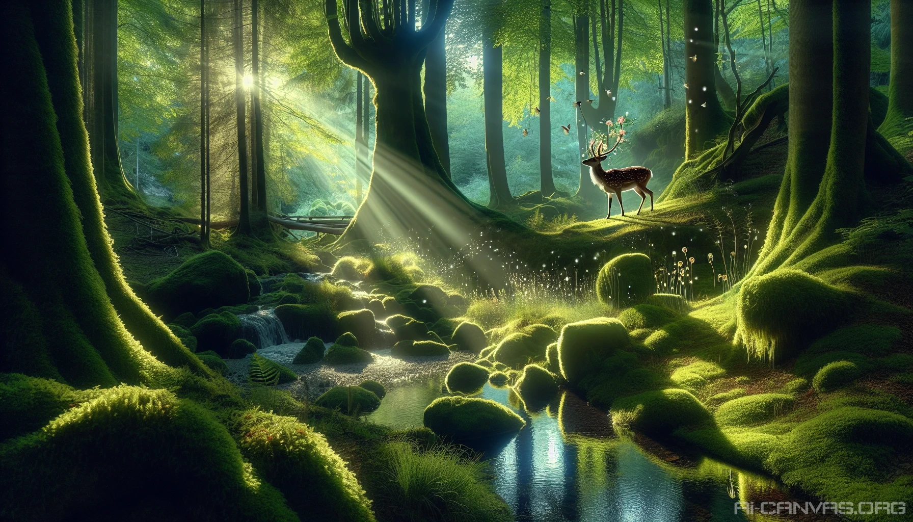 In a serene, enchanted forest, sunlight filters through towering trees, casting ethereal patterns on the mossy ground. A curious deer, adorned with delicate flowers in its antlers, gazes at a bubbling brook reflecting vibrant colors of the surroundings. Whispers of ancient magic weave through the air, while soft melodies of chirping birds create a symphony of nature. A hidden pathway beckons, inviting adventurers to uncover its secrets.