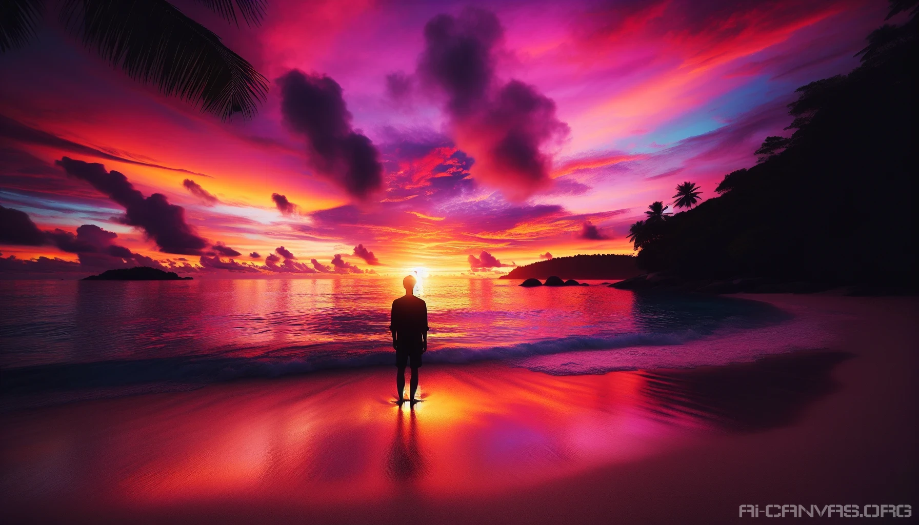 Capture a breathtaking silhouette against the backdrop of a vibrant sunset. The scene features a lone figure standing on a tranquil beach, their outline stark against the fiery hues of orange, pink, and purple in the sky. Gentle waves lap at the shore, while palm trees sway softly in the breeze, creating a serene atmosphere that evokes feelings of peace and reflection.