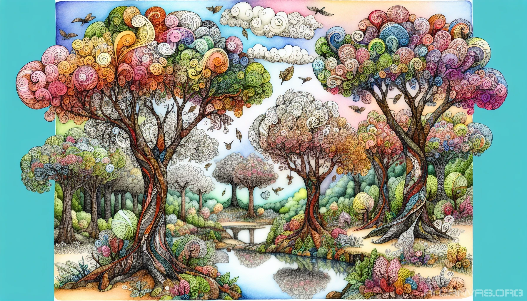 Imagine a whimsical landscape filled with vibrant, hand-drawn trees swaying in a gentle breeze. Each tree boasts intricate details, from swirling bark patterns to delicate, colorful leaves. In the foreground, a small stream reflects the playful sky, dotted with fluffy clouds, all sketched in a charming, artistic style. This image invites viewers to explore an enchanting world where creativity knows no bounds, blending reality with imagination.