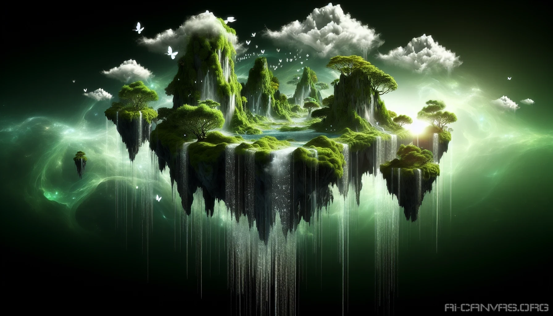 Envision a mesmerizing scene where lush, floating islands hover in the void, each adorned with cascading waterfalls that shimmer like silver threads in the ethereal light. The vibrant foliage contrasts against the deep abyss, while mystical creatures flit between the islands. Wisps of mist rise from the falls, creating a dreamlike atmosphere, inviting viewers to wander into this otherworldly realm, where nature and fantasy intertwine seamlessly.