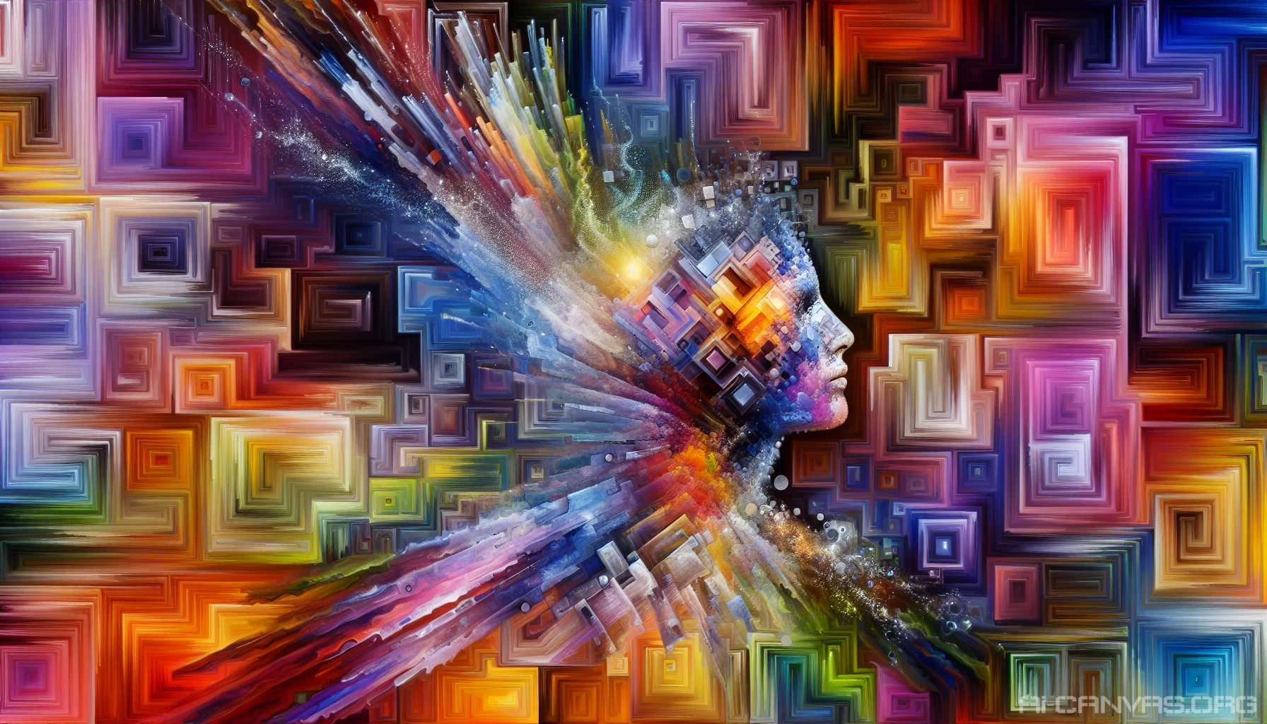 Imagine a vibrant, dynamic piece of conceptual art where layers of bold colors intertwine with geometric shapes, creating a sense of movement and depth. The focal point features a striking central figure, symbolizing the intersection of thought and emotion, surrounded by ethereal textures that evoke curiosity. This artwork invites the viewer to explore the complexities of perception while challenging the boundaries of traditional artistic expression.