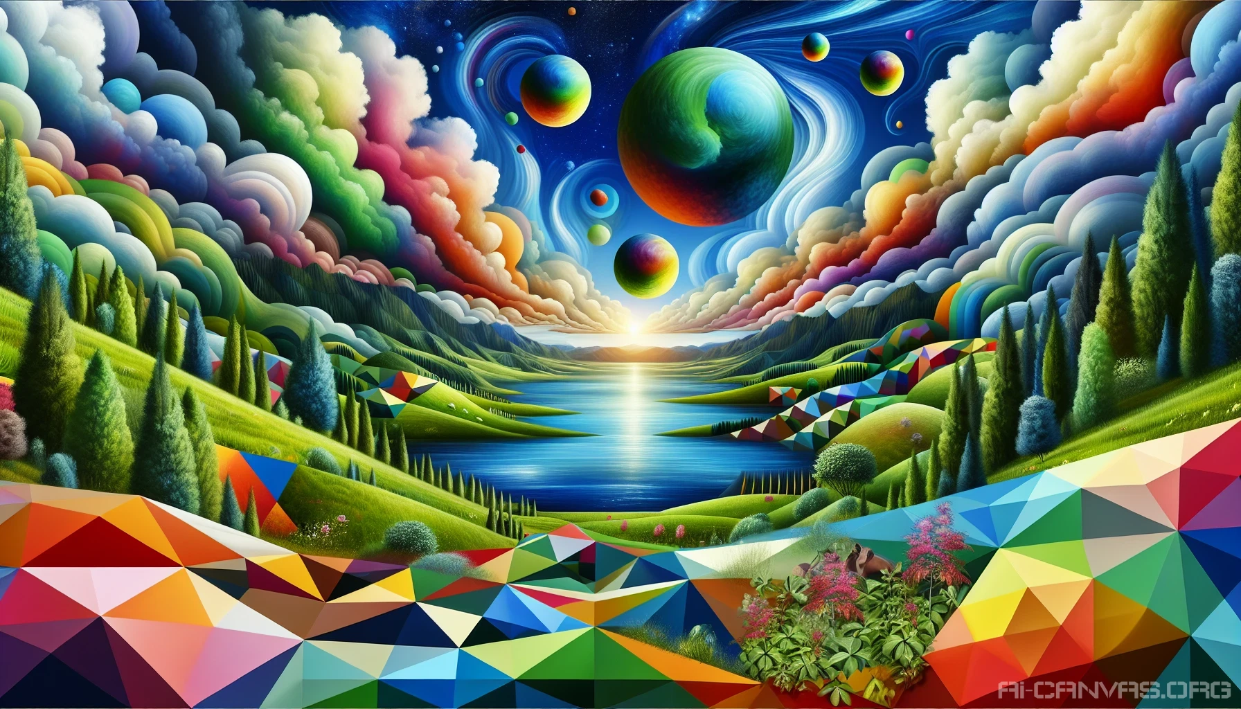 Envision a stunning landscape where vibrant geometric patterns intertwine with the natural world. Imagine bold triangles and circles seamlessly merging with lush green hills, sparkling blue lakes, and a sky filled with colorful clouds. Each shape pulsates with energy, reflecting the sun's rays, while delicate flora peeks through the design, celebrating the beautiful balance between architecture and nature's artistry.