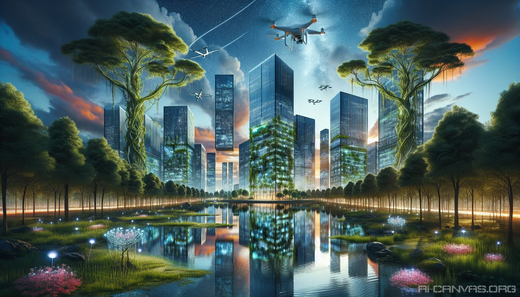 Visualize a breathtaking landscape where towering trees intertwine with sleek, futuristic skyscrapers. Nanotech vines creep up glass walls, while bioluminescent flowers bloom alongside digital billboards. In the foreground, a serene lake reflects this blend of organic and synthetic life, with drones gracefully hovering above, capturing the beauty of both worlds. The sky transitions from a warm sunset to a starry night, symbolizing the unity of nature and technology.