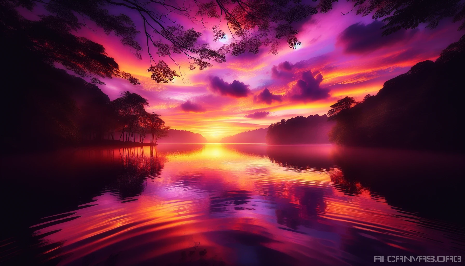Capture the enchanting beauty of a tranquil lake at sunset, where the sky is ablaze with hues of orange, pink, and purple. Reflecting the vibrant colors, the calm water mirrors the fading light, creating a peaceful, dreamlike atmosphere. Silhouettes of slender trees border the shoreline, while gentle ripples dance across the surface, inviting viewers to immerse themselves in this serene twilight moment.