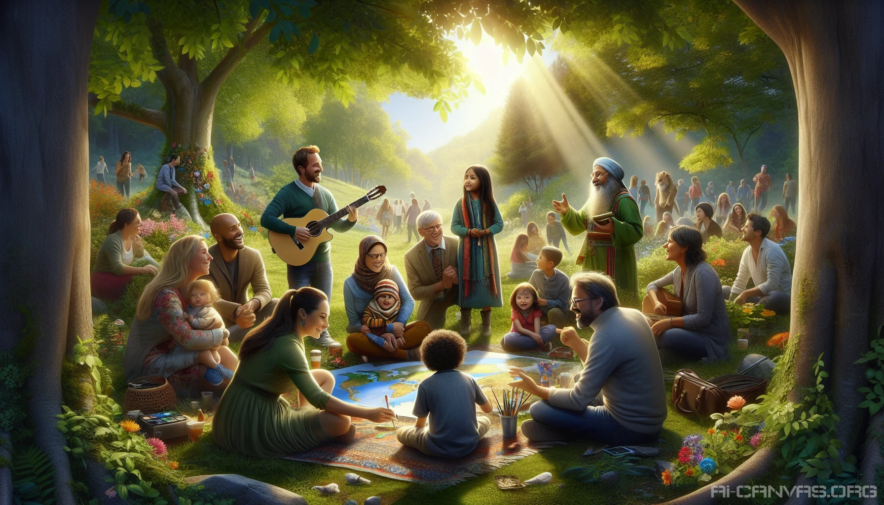 A vibrant scene showcasing a diverse group of people, from different cultures and backgrounds, gathered in a lush park. They engage in joyful activities: some are painting, others are playing music, and a few are sharing stories. The sun filters through the leaves, casting playful shadows on the ground. Their laughter and shared creativity fill the air, embodying the beauty of connection and community.