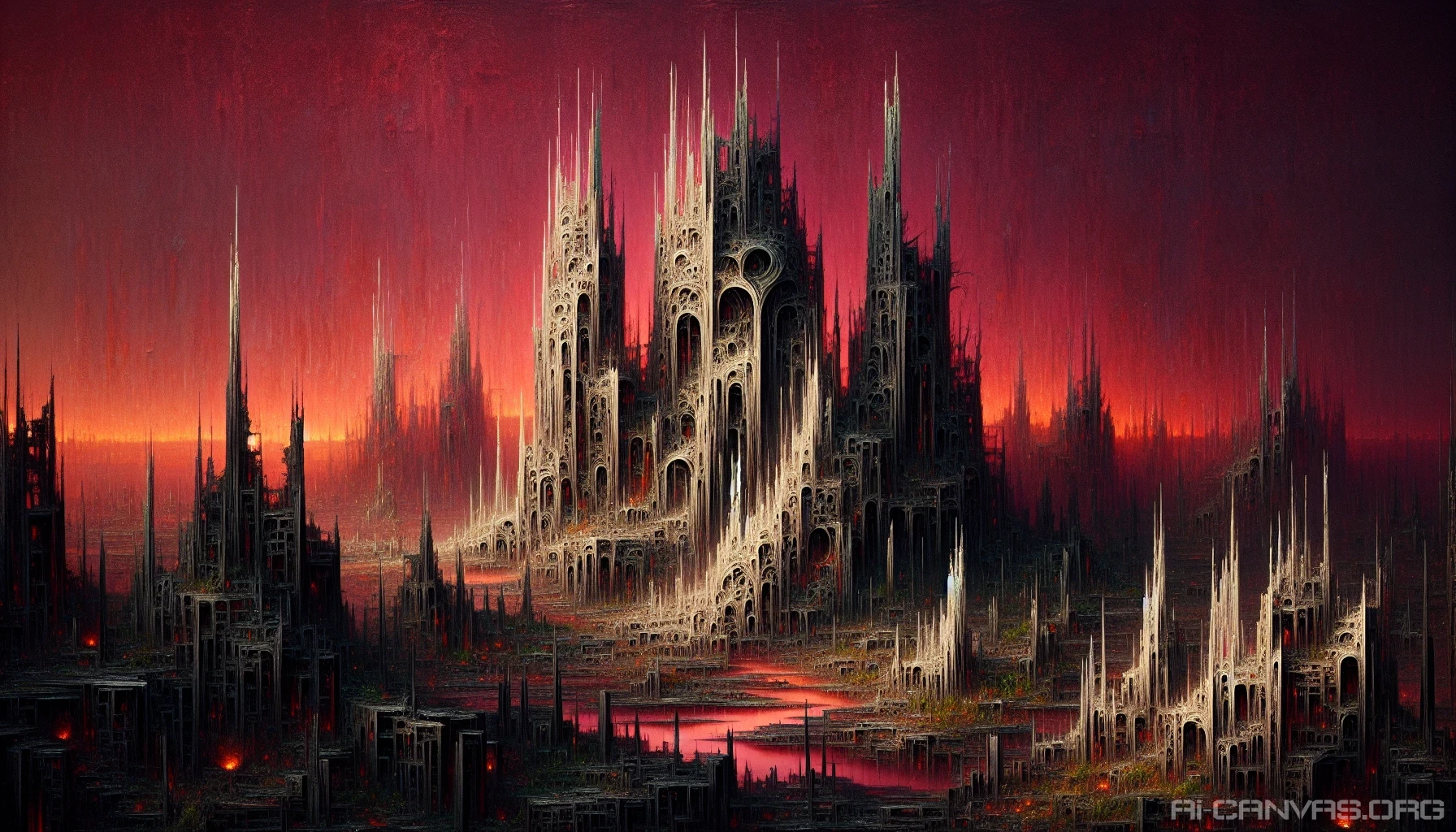 Picture a once-thriving city, now reduced to ashes and skeletal structures. The skyline, jagged and haunting, is silhouetted against a blood-red sunset, while remnants of buildings stand like ghostly sentinels. Charred facades and twisted metal create a tapestry of despair, with flickering embers that hint at the fires that ravaged this place. Weeds and wildflowers peek through the cracks, nature's resilience fighting against the desolation.