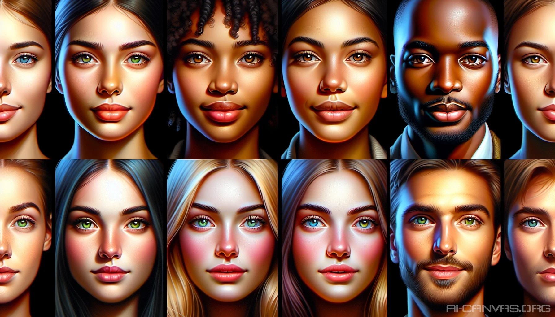 Create a stunning collection of realistic portraits that capture the unique beauty and personality of individuals from various backgrounds. Each portrait should showcase intricate details, emphasizing facial features, expressions, and the essence of the subject. Use vibrant colors and thoughtful lighting to enhance the mood, making each artwork not just a likeness, but a compelling story reflected on canvas.