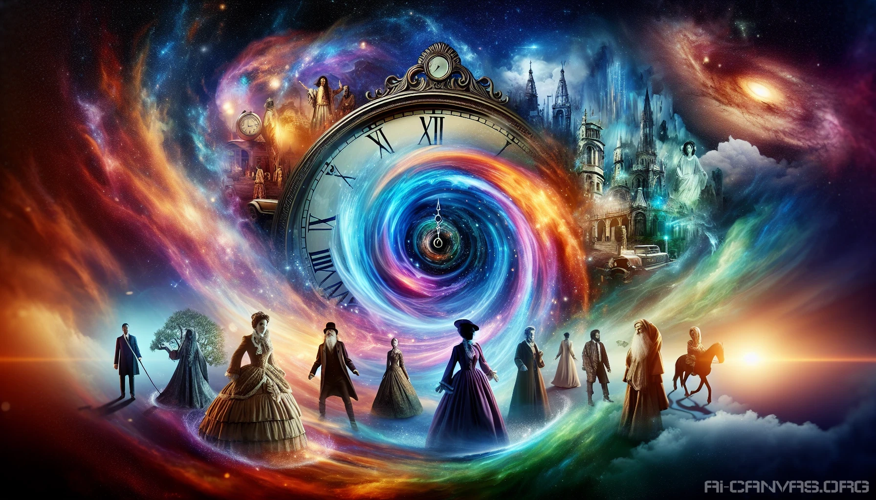 Imagine a breathtaking scene where a swirling vortex of vibrant colors encapsulates a brilliant clock face, its hands spinning wildly. This time travel portal shimmers with glimpses of ancient civilizations, futuristic cities, and mystical landscapes. Ethereal figures step through the portal, dressed in attire from different eras, while galaxies and nebulae dance in the background, creating a mesmerizing blend of past, present, and future.