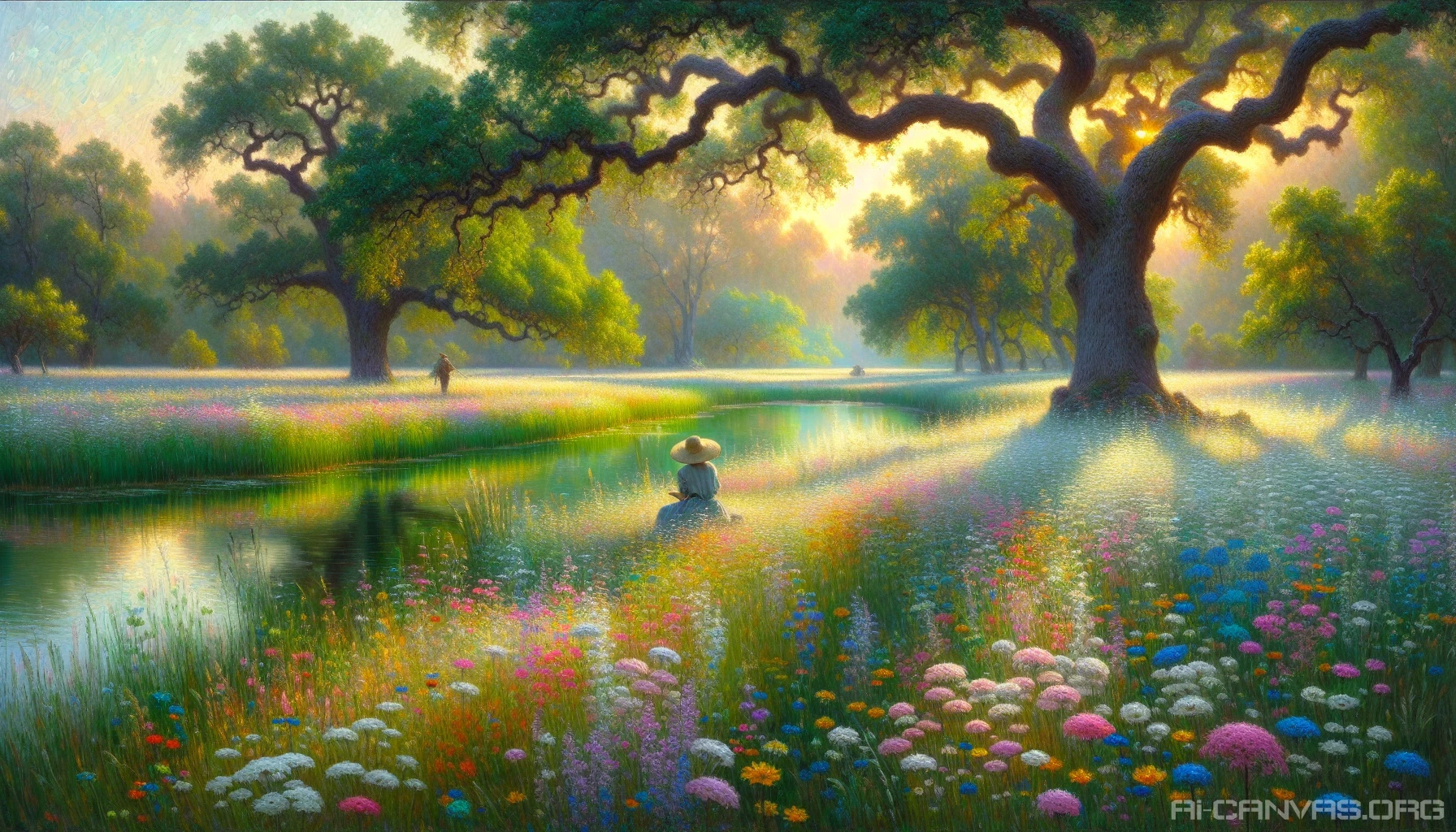 A vibrant, sun-kissed meadow bursts to life with wildflowers in a palette of soft pastels. Impressionistic brushstrokes capture the gentle sway of grass and the luminous glow of sunlight filtering through the leaves of ancient oak trees. A serene pond reflects the sky's shifting colors, while a distant figure, with a straw hat, captures the essence of tranquility, blending harmoniously with the enchanting landscape.