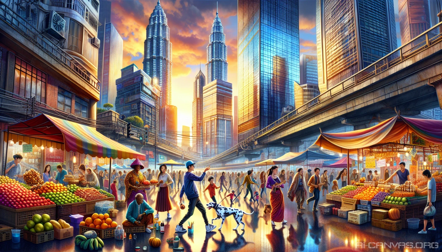 Capture the vibrant essence of urban life, where towering skyscrapers meet lively streets filled with bustling markets and colorful street art. The scene is alive with diverse crowds, each person contributing to the city’s heartbeat. A sunset bathes the buildings in golden light, reflecting off glass windows, while the sounds of music and laughter echo through the air, illustrating the dynamic interplay of culture and community in this urban landscape.