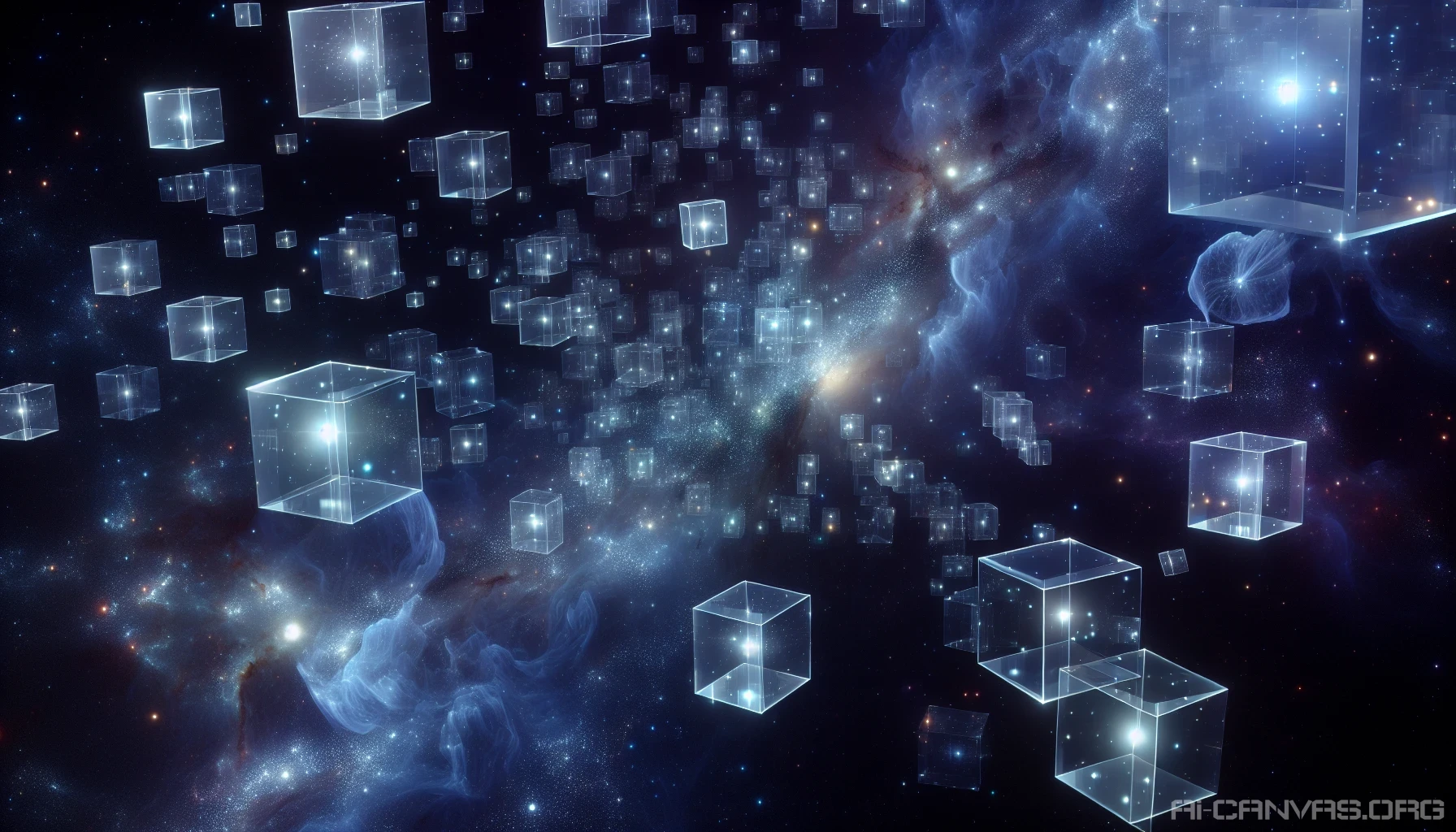 A mesmerizing scene featuring an array of floating cubes, each radiating a gentle, warm light. These translucent shapes drift gracefully in a vast, starry cosmos, creating a captivating contrast against the deep indigo backdrop. The soft glow illuminates nearby cosmic dust and hints of distant galaxies, inviting the viewer into a serene interstellar dreamscape. Each cube appears alive, pulsating softly with an enchanting rhythm.