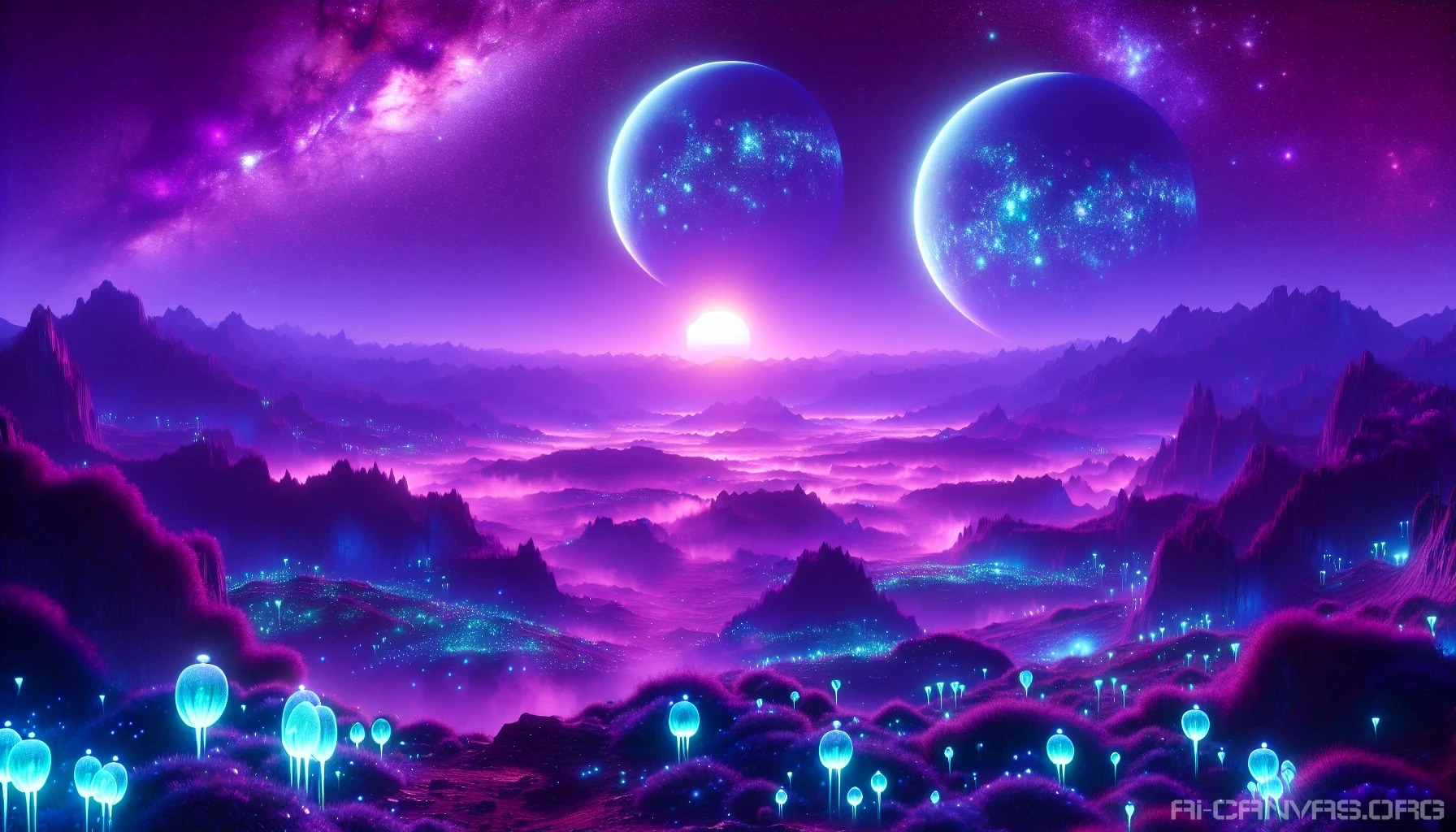 Imagine an otherworldly landscape where a vibrant purple sky envelops a surreal planet, its surface dotted with bioluminescent flora. Three distinct moons hover majestically above, each casting a unique glow that dances across the landscape. The atmosphere is thick with a dreamy haze, and the distant mountains shimmer in shades of violet and indigo. Alien creatures roam freely, adding to the enchanting ambiance of this celestial paradise.