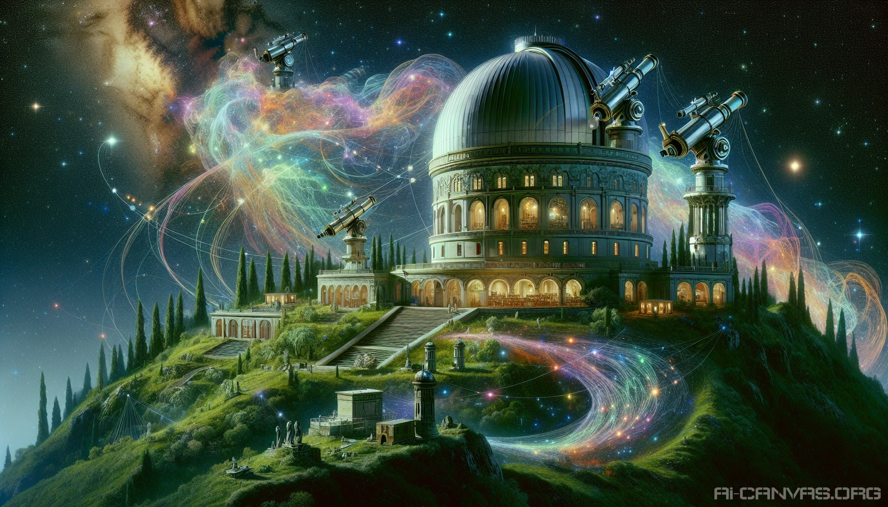 Envision a magnificent celestial observatory, a blend of ornate architecture and futuristic technology, perched atop a lush green mountain. The night sky bursts with a vivid array of stars, forming intricate constellations that seem to touch the antique telescopes and vibrant cosmic displays. Wisps of colorful nebula swirl gracefully, illuminating the observatory’s dome, while curious astronomers look on in awe, eager to unlock the universe's secrets.