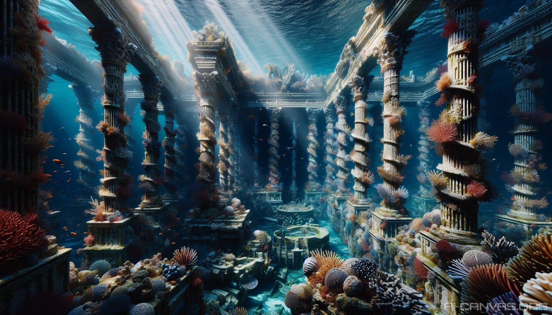 Dive into the mesmerizing depths of an ancient underwater palace, where intricate coral encrustations embrace weathered stone columns and shattered marble statues. Ethereal beams of light filter through the crystal-clear water, illuminating the vibrant marine life that dances around the ruins. Enigmatic shadows hint at forgotten treasures and secrets, while swaying seaweed creates an enchanting atmosphere that beckons explorers to uncover the mysteries of the deep.