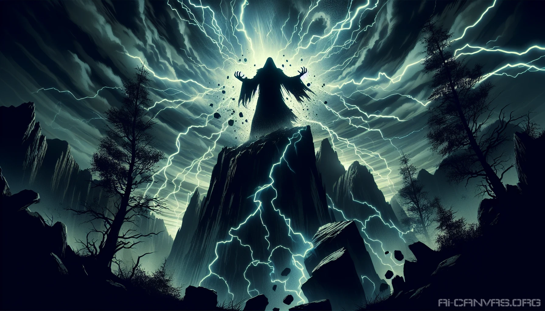 A dark figure looms atop a jagged cliff, surrounded by swirling storm clouds. Energy crackles around their outstretched hands, creating a pulsating shockwave that ripples through the landscape. Trees bend, rocks shatter, and the air vibrates with raw power. The atmosphere is thick with tension, as the ground trembles beneath the weight of impending chaos, illuminating the villain's malevolent grin against the darkened sky.