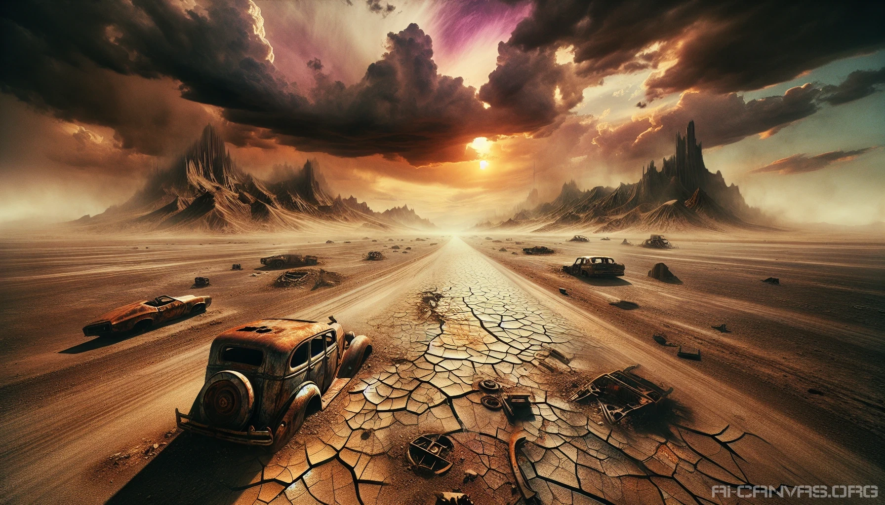 Envision a vast, desolate wasteland where cracked asphalt highways weave through a barren landscape. Rusted cars lie abandoned under an unforgiving sun, their metal frames twisted and corroded. Scattered debris reflects a time long past as distant mountains loom in the background shrouded in dust. The sky is painted with hues of orange and purple, hinting at an impending storm that stirs a sense of eerie anticipation.