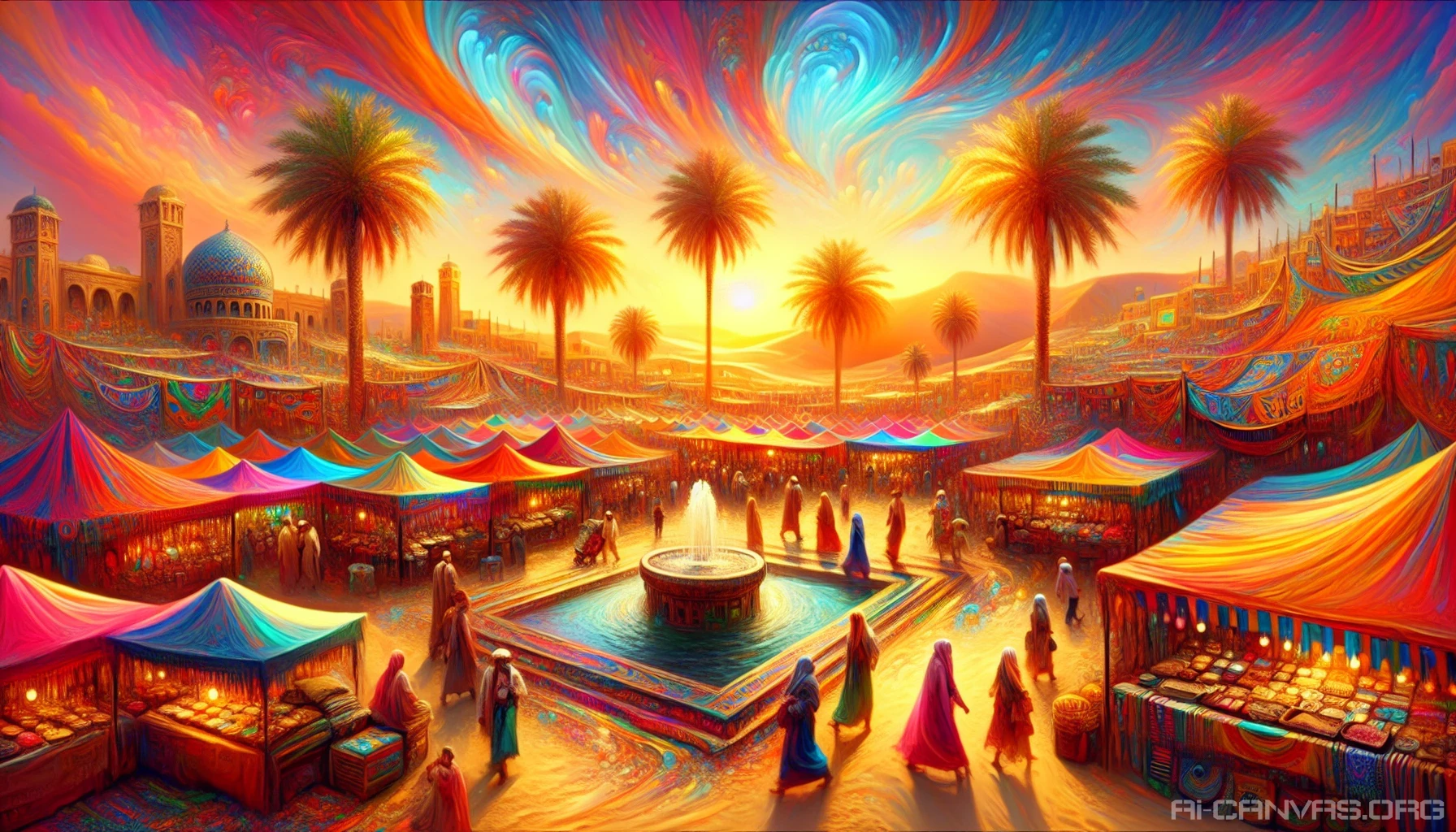 Picture a vibrant desert oasis bustling with life. Stalls adorned with colorful textiles and exotic spices create a sensory delight, while palm trees sway gently in the warm breeze. The sun sets in a blaze of oranges and pinks, casting a golden glow on joyful shoppers mingling, bartering over handmade crafts. A fountain bubbles in the center, providing a refreshing ambiance in this serene, sun-soaked paradise.