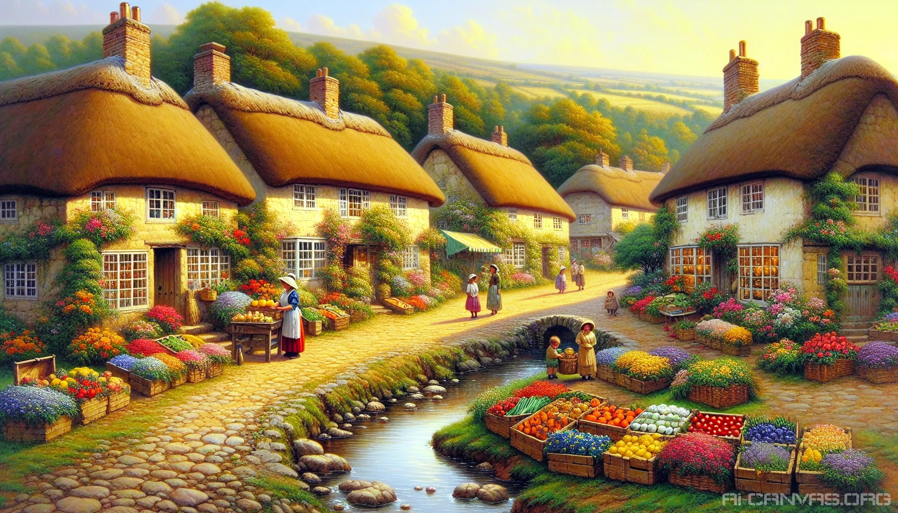 Imagine a picturesque scene capturing the essence of life in a small countryside town. Quaint cottages line cobblestone streets adorned with vibrant flower boxes. A farmer markets fresh produce, while children play by the gentle stream. The sun casts a warm golden glow, and the distant hills are lush with greenery. This idyllic setting invites viewers to pause and appreciate the simple pleasures of rural living, evoking nostalgia and tranquility.