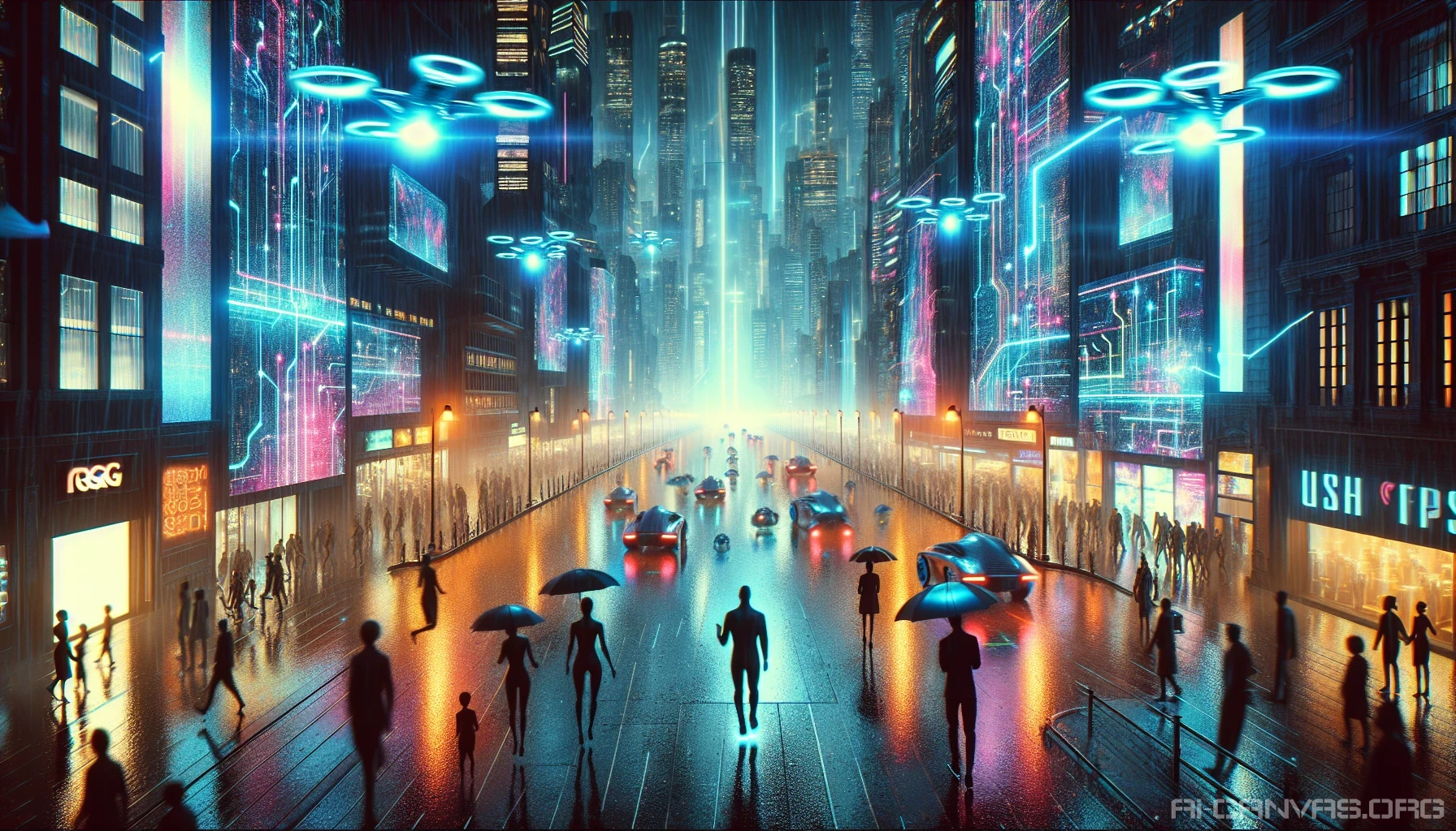 Immerse yourself in a futuristic metropolis where advanced AI governs every aspect of life. Picture vibrant, glowing data streams crisscrossing through the air, illuminating a rain-soaked street. Hovering drones zip through the sky, while cybernetic citizens, adorned with sleek augmentations, navigate the bustling neon-lit district. The atmosphere is electric, with the sounds of technology and the scent of rain mingling, creating a captivating urban symphony.
