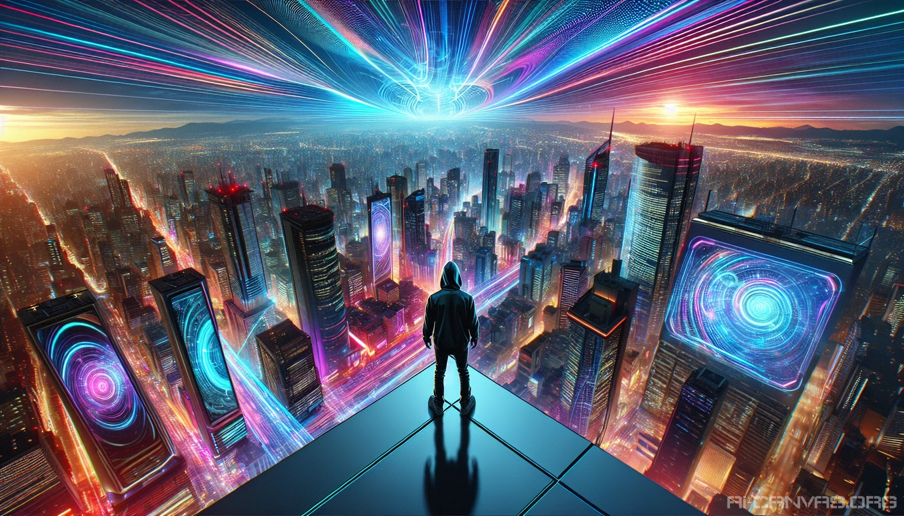 In a vibrant cyberpunk city, a lone figure stands atop a sleek, modern rooftop, gazing out over a sprawling metropolis. The skyline is ablaze with neon lights and holographic billboards, casting colorful reflections on the glass surfaces around them. Above, a digitally enhanced sky pulses with luminescent patterns, creating a surreal backdrop that blends technology and artistry, inviting the viewer into this mesmerizing urban landscape.