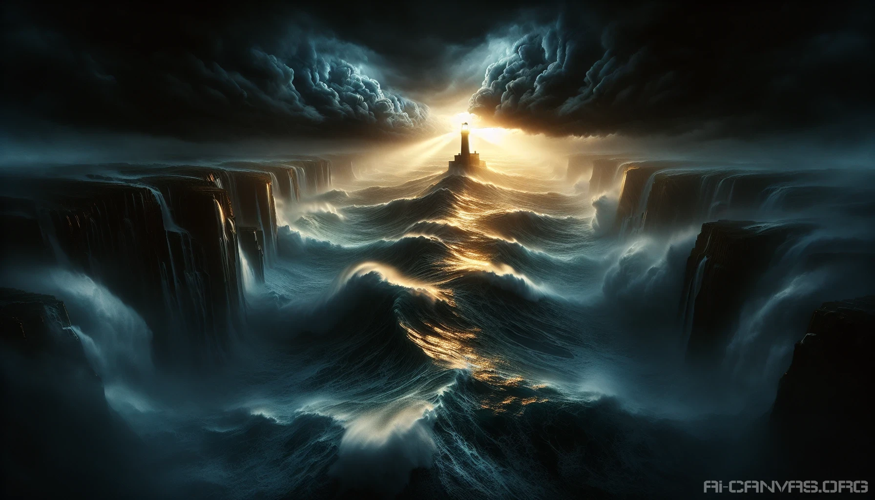 A dramatic scene unfolds as towering waves crash against jagged rocks beneath an overcast sky, swirling in shades of deep blue and charcoal. In the distance, a solitary lighthouse stands resolute, its beam cutting through the tempest’s gloom, casting a warm golden glow over the treacherous sea. The stormy clouds churn above, setting a stark contrast against the steadfast structure, embodying hope amidst chaos.