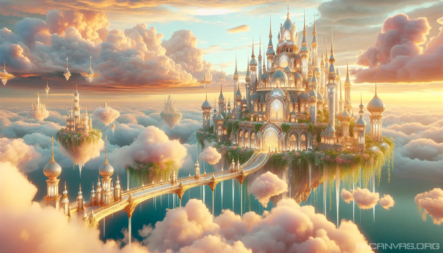 Imagine a magnificent castle floating amidst fluffy white clouds, elegantly adorned with shimmering crystals and vibrant vines. Sunlight dances off its golden spires, casting a warm glow over a serene landscape below. This enchanting scene features ethereal bridges connecting various towers, while soft pastel skies transition into a breathtaking sunset, creating a magical atmosphere that invites viewers to dream of adventures among the heavens.