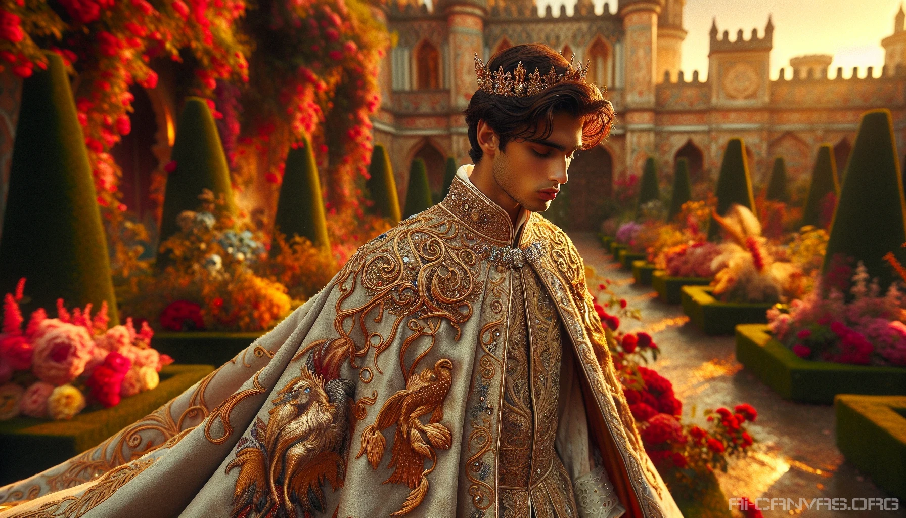 Envision a young prince adorned in a luxurious royal cape, flowing elegantly behind him as he strides through a sunlit garden. The fabric shimmers with intricate gold embroidery, depicting mythical creatures. His crown, delicately jeweled, glistens under the soft light. Surrounding him, vibrant blooms and lush greenery create a fairy-tale atmosphere, while a distant castle looms majestically in the background, hinting at his noble lineage.