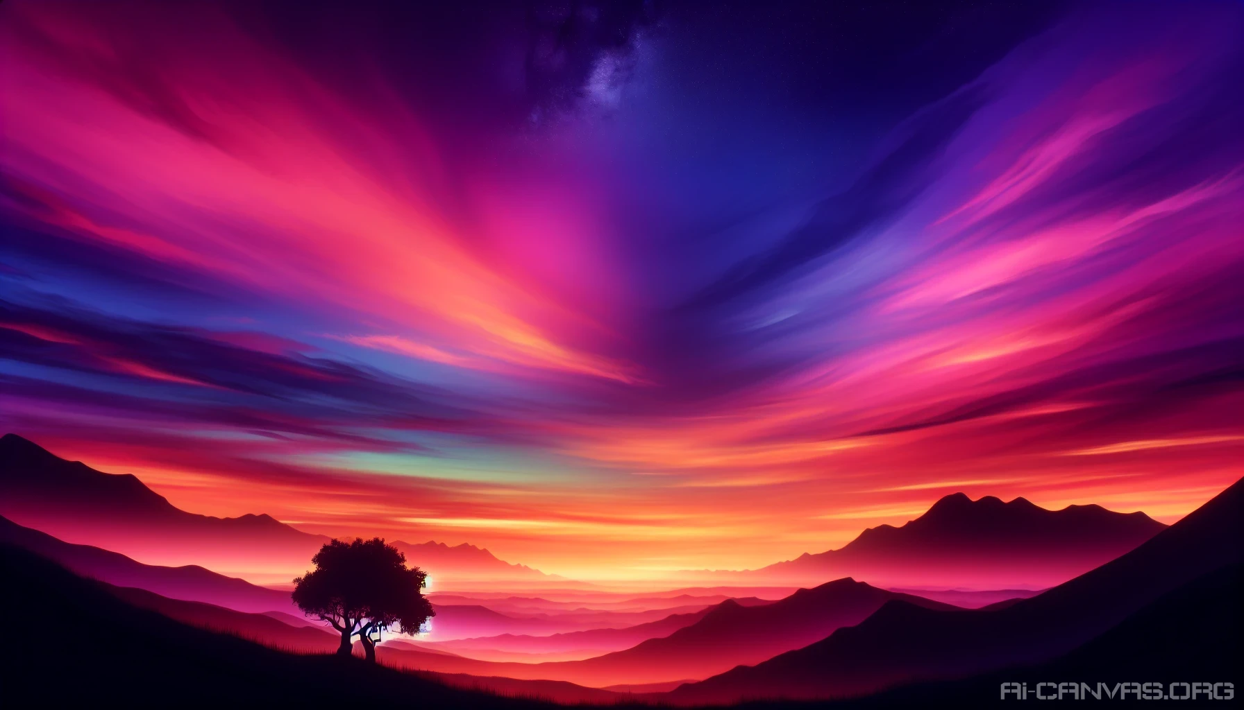 Capture the evocative beauty of a breathtaking sunset, where the vibrant hues of orange, pink, and purple blend seamlessly into the horizon. In the foreground, intricate silhouettes of a lone tree and distant mountains stand stark against the sky, embodying serenity and mystery. This scene invites viewers to explore the interplay of light and shadow, provoking thoughts of tranquility and introspection.