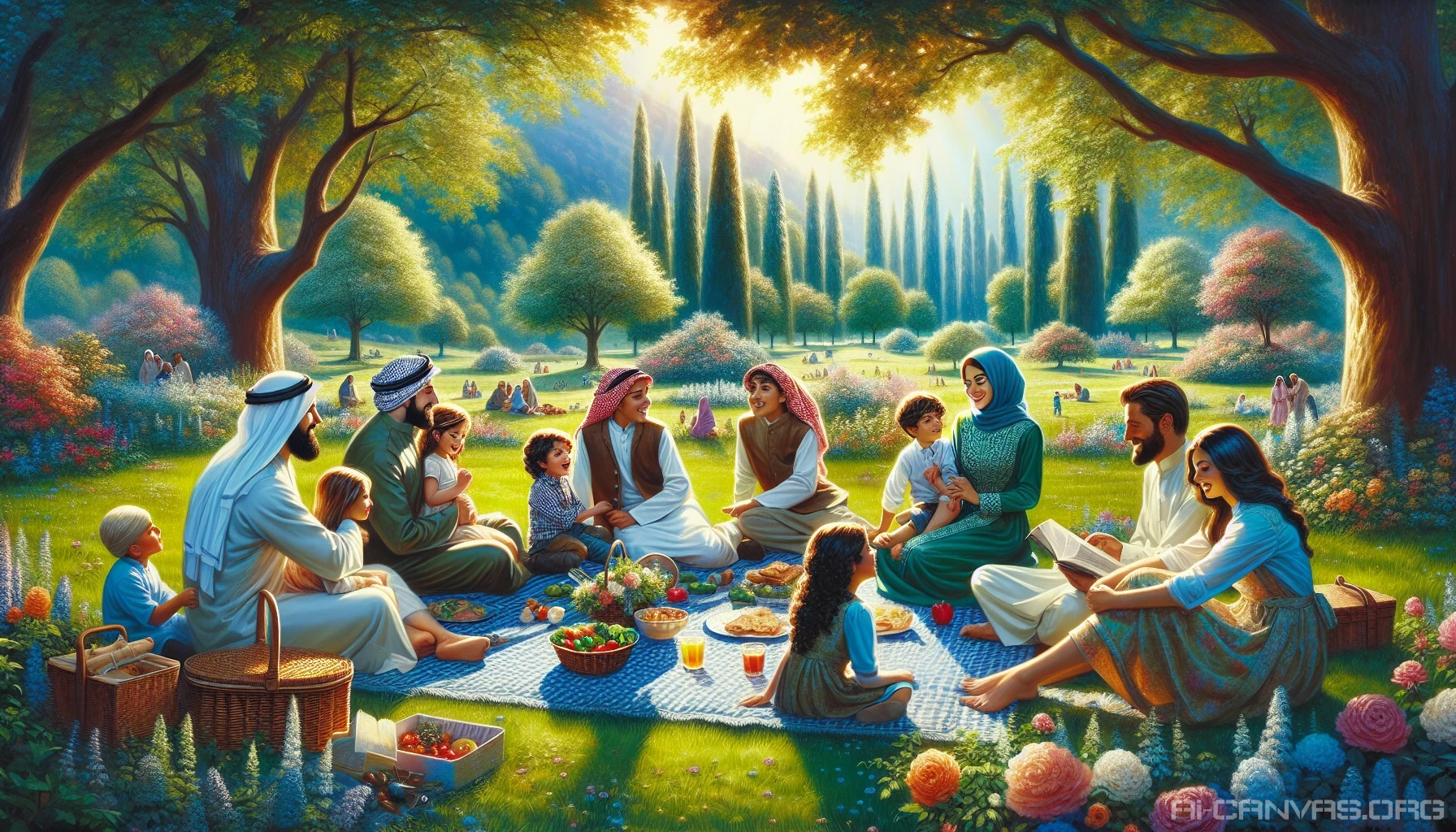 Envision a serene family gathering in a lush green park, where laughter fills the air and children play joyfully on a sun-drenched meadow. Parents engage in storytelling, surrounded by blooming flowers and tall trees. A picnic blanket is spread out, laden with homemade treats. The sky is a vibrant blue, and the warmth of the sun creates a perfect, idyllic scene of togetherness and love.