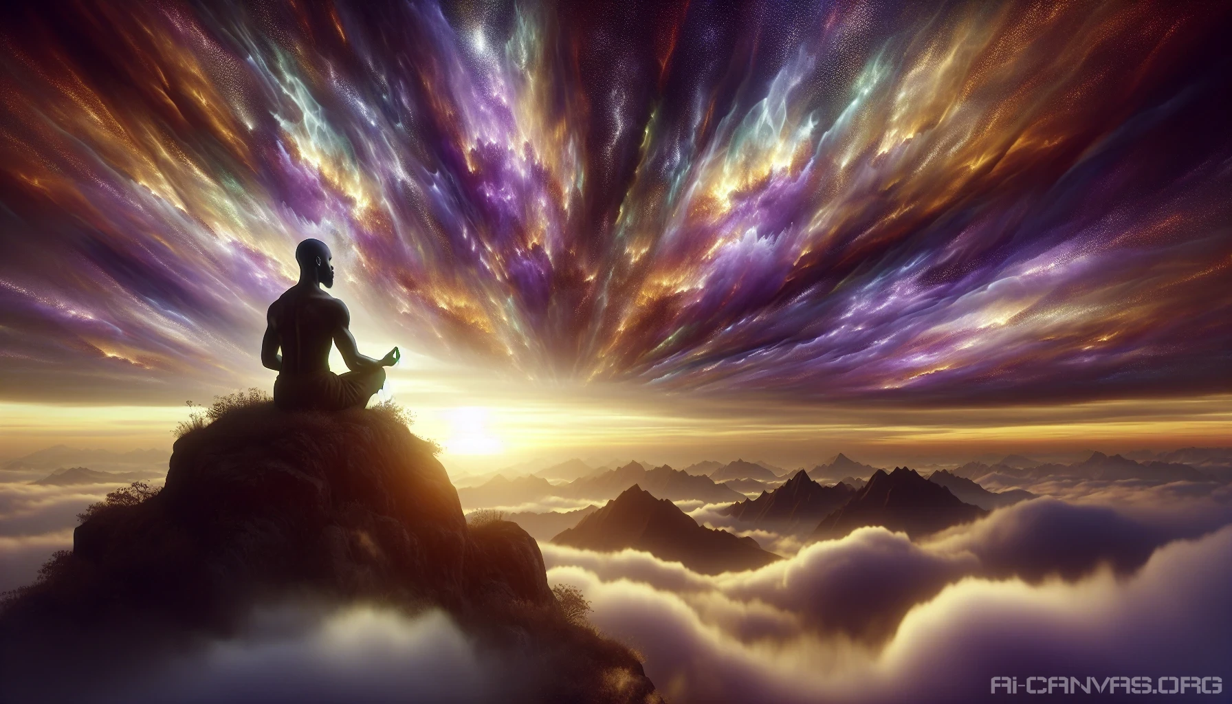Capture a tranquil scene of a meditative figure seated on a mountain peak, surrounded by a celestial sky filled with vibrant hues of purple and gold. Soft rays of light radiate from the figure, illuminating the swirling mists below. Gentle whispers of nature intertwine with the ambiance, creating a harmonious atmosphere that invites viewers to feel a deep connection to their inner selves and the universe.