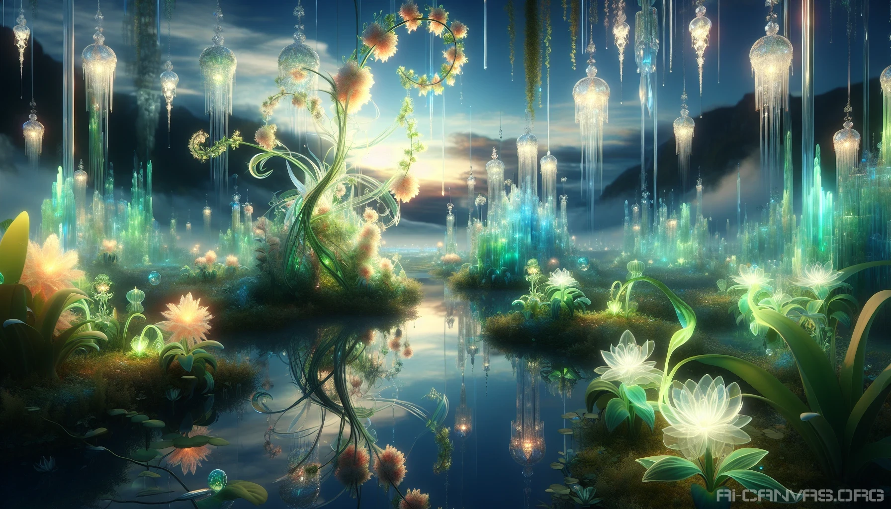 Envision a mesmerizing landscape where lush, verdant gardens hover among radiant crystal formations, shimmering in a spectrum of colors. Delicate vines cascade from translucent towers, intertwining with iridescent flowers that bloom against a backdrop of a tranquil, azure sky. Soft, ethereal light bathes the scene, casting gentle reflections on tranquil pools below, creating a dreamlike atmosphere that invites viewers to wander through this fantastical realm of nature and magic.