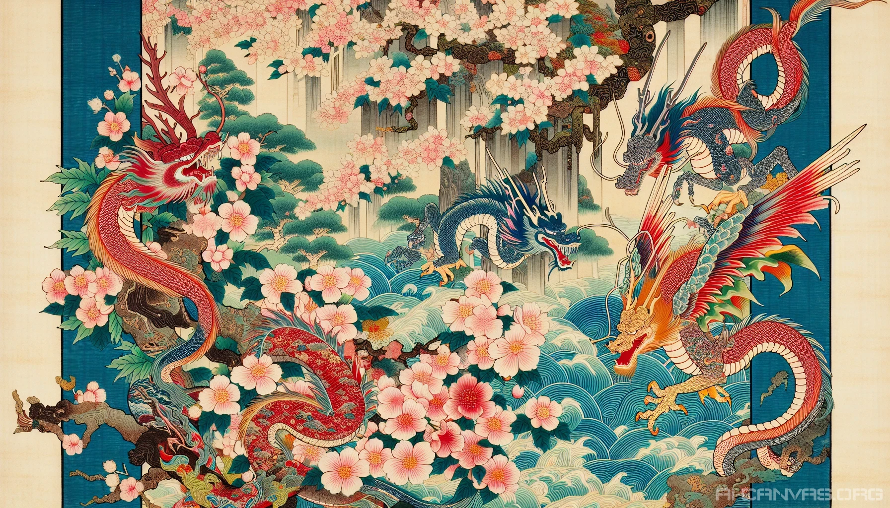 Immerse yourself in a vibrant Ukiyo-e world where traditional Japanese art meets fantastical elements. Picture a serene scene of cherry blossoms swaying in a gentle breeze, with mythical creatures gracefully intertwining among the flowers. Bright, bold colors blend seamlessly with intricate patterns, creating an enchanting harmony of nature and fantasy. Experience the beauty of ancient culture reimagined through a modern lens, inviting you into a dreamlike reverie.
