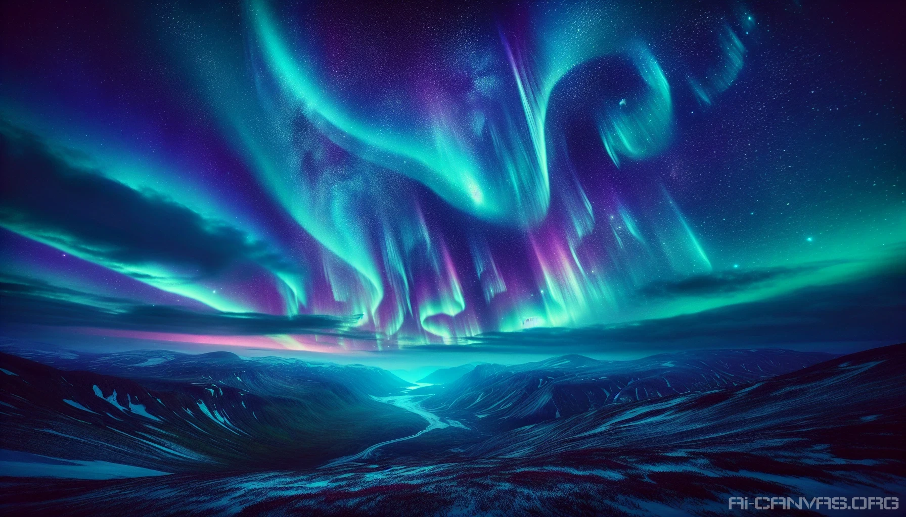 Imagine a breathtaking night sky where vibrant auroras twist and swirl, forming intricate geometric patterns that captivate the eye. Shades of green, purple, and blue dance together, creating an ethereal spectacle against a star-studded backdrop. The landscape below is illuminated by the celestial light, enhancing the mysterious allure of this otherworldly scene. Feel the chill of the air and the wonder of nature’s artistry unfolding above.