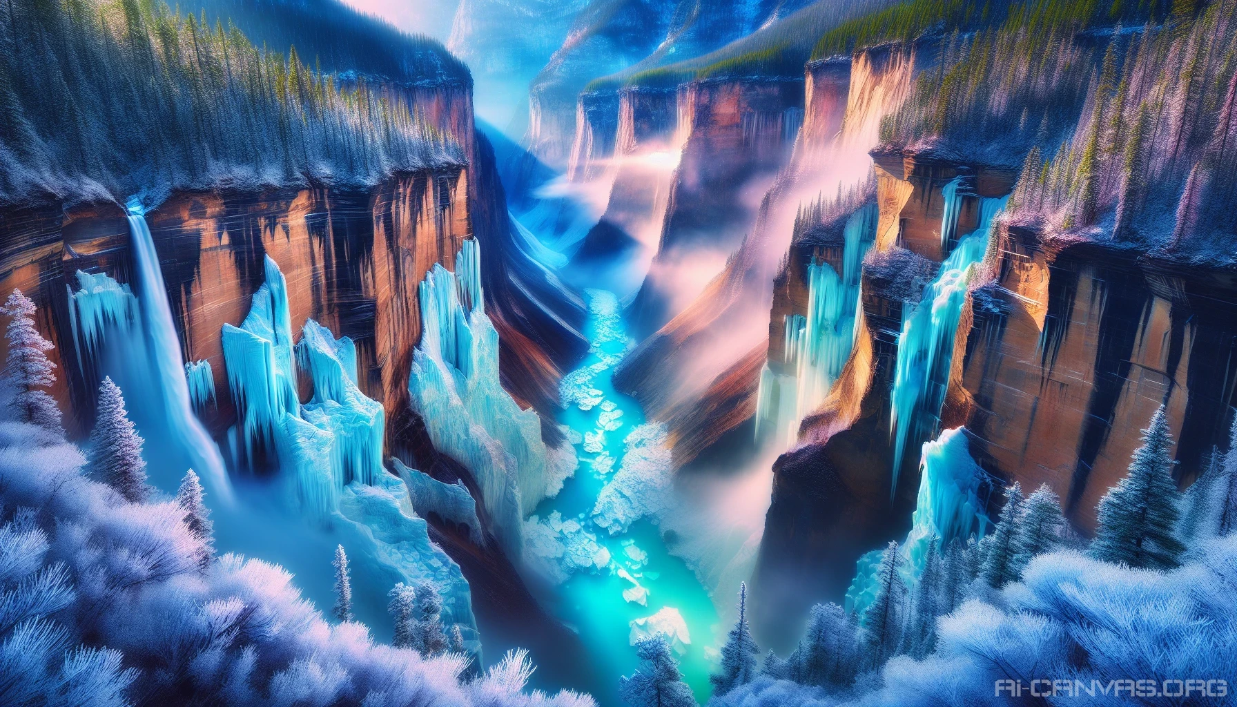 Picture a vast glacial canyon, carved by ancient ice, where towering cliffs of sapphire-blue glaciers rise majestically on either side. Waterfalls, shimmering like crystal, cascade down, their icy tendrils splashing into turquoise pools below. Mist dances in the air, catching the light in a rainbow of colors, while frost-laden trees cling to the rugged edges, creating a breathtaking vista of winter's pristine beauty.