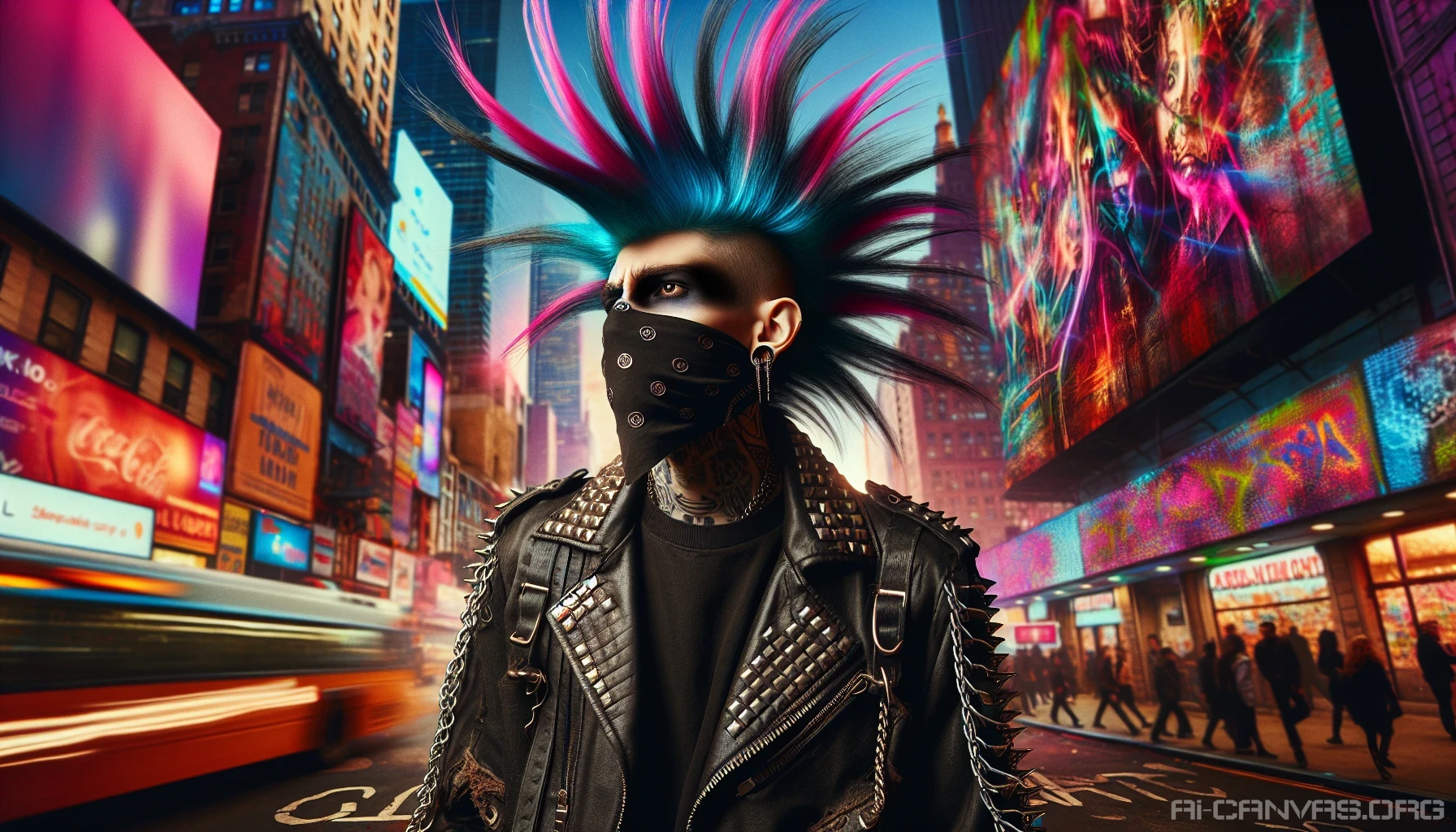 Imagine a striking punk rock figure standing defiantly against a vibrant urban backdrop. Their wild, colorful spikes reach for the sky, showcasing hues of electric blue and neon pink. Adorned with a leather jacket embedded with studs and chains, the punk exudes an aura of rebellion. The graffiti-covered walls behind them pulse with energy, reflecting the spirit of individuality and freedom in this electrifying scene.