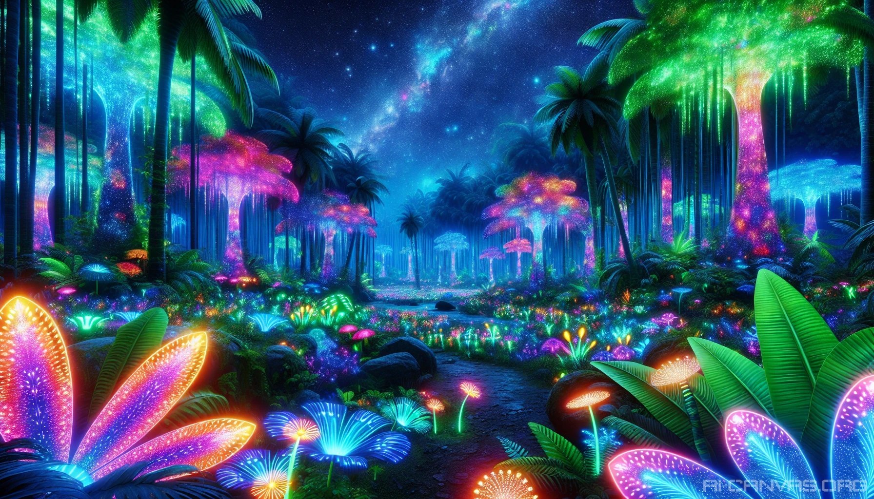 Step into a vibrant alien jungle where the air shimmers with bioluminescent flora and fauna. Towering trees with iridescent leaves stretch towards the star-speckled sky, casting glowing shadows on the vibrant undergrowth. Exotic creatures with luminescent patterns flit between luminous flowers, creating a breathtaking tableau of colors that pulse with life. Explore this otherworldly paradise, where every corner unveils a new marvel of nature’s imagination.