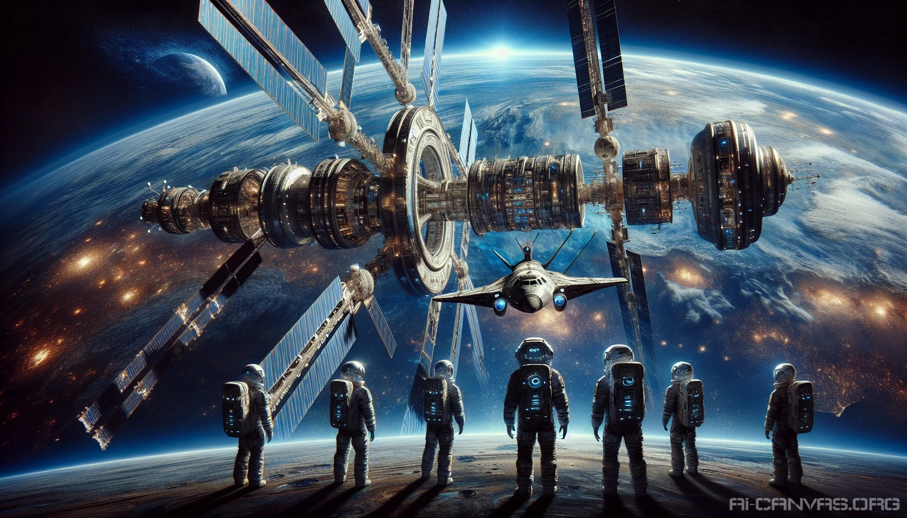 Celestial Haven: The Space Station Docking  
Envision a colossal space station orbiting a vibrant blue planet, its intricate structure brimming with advanced technology. A sleek spaceship, adorned with gleaming lights, gently docks at one of the massive ports, casting shadows across the metallic surface. Breathtaking views of distant galaxies twinkle through panoramic windows, while astronauts in futuristic suits move purposefully, embodying humanity’s relentless quest to explore the cosmos.