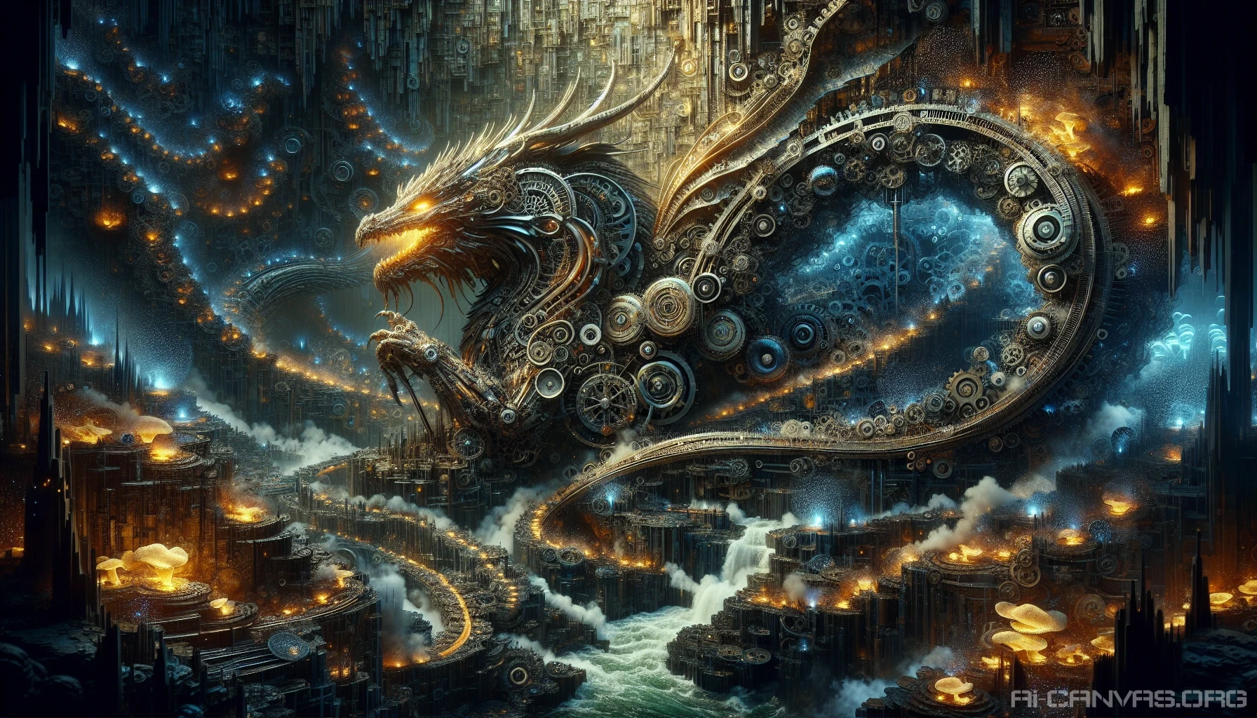 Enter a mesmerizing realm where ancient dragons intertwine with advanced machinery. In the heart of a vast cavern, gears and cogs reminiscent of a clockwork universe surround a magnificent mechanical dragon, its metallic scales shimmering under the glow of bioluminescent fungi. Steam hisses from intricate pipes, and sparks fly as the dragon's luminous eyes scan the lair, guarding its treasures amidst a dramatic interplay of nature and technology.
