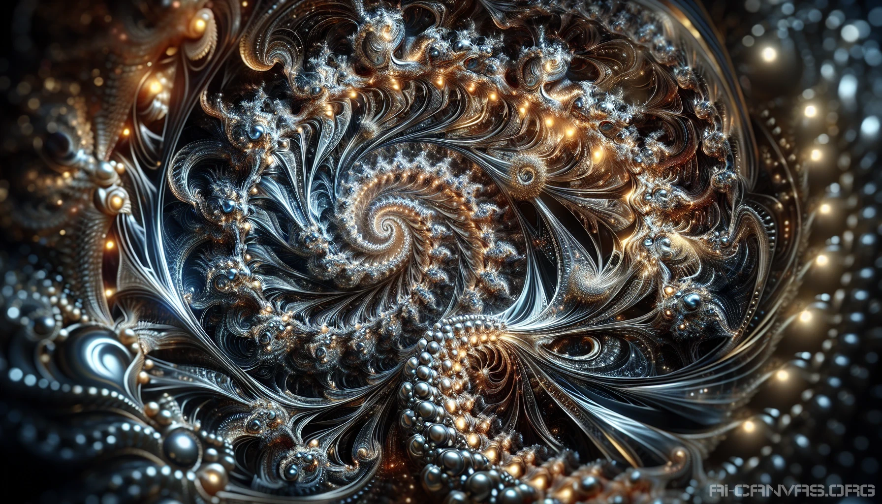 Dive into a mesmerizing world where shimmering metallic fractals intertwine and dance. This intricate masterpiece captures the essence of geometry and light, showcasing dynamic patterns that ripple across a surreal backdrop. Radiating with vibrant colors and textures, each fractal's reflective surfaces create a captivating play of shadows and brilliance, inviting viewers to explore the depths of this enchanting, otherworldly realm brimming with mathematical beauty.