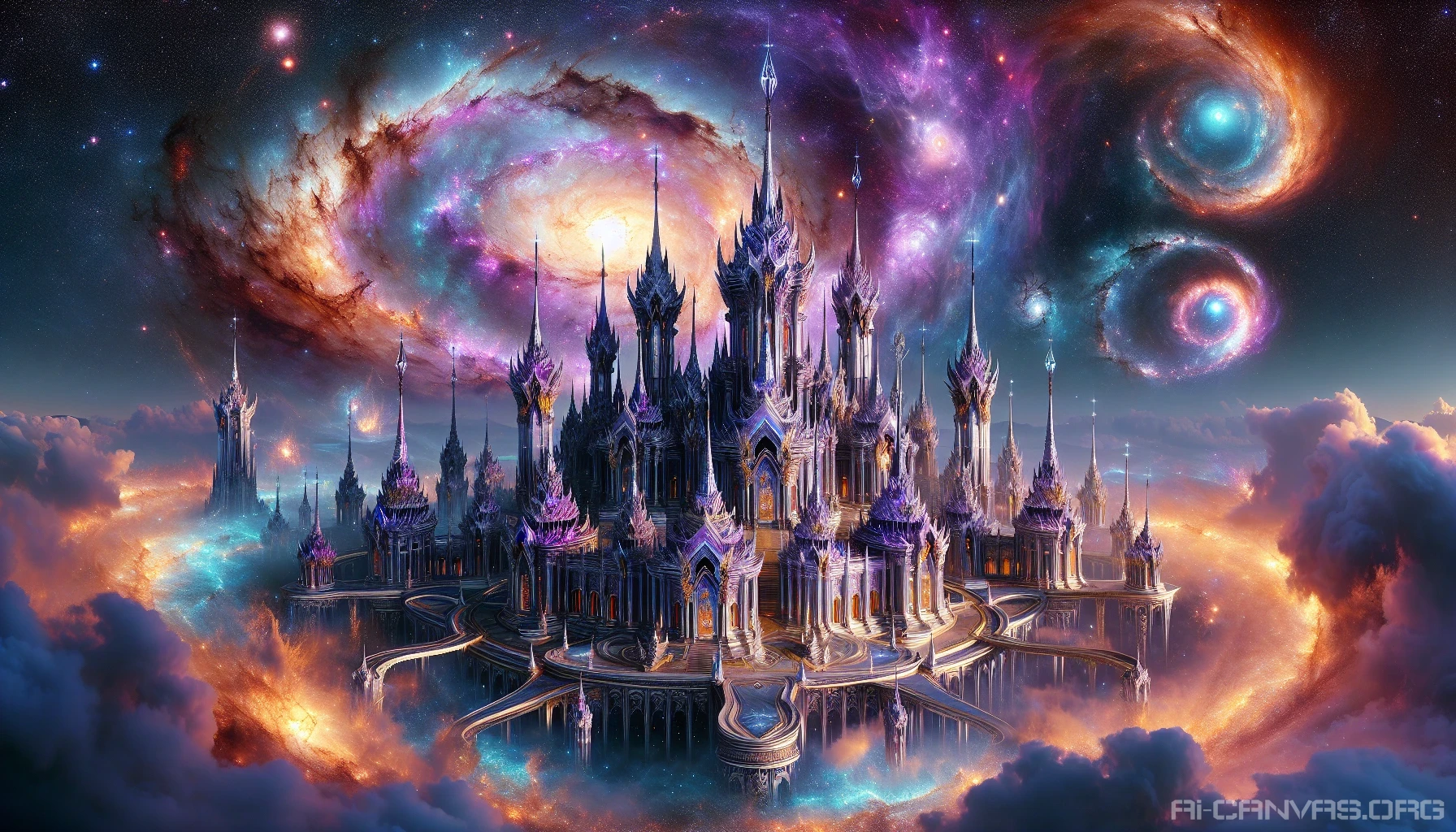 Imagine a magnificent palace nestled amidst swirling cosmic clouds, its architecture inspired by ethereal nebulae. The structure gleams with iridescent colors, reflecting hues of purple, blue, and gold. Towering spires rise towards the stars, adorned with intricate celestial motifs. Surrounding the palace, stars twinkle like diamonds, while galaxies swirl gracefully in the background, creating a breathtaking scene of interstellar grandeur and wonder.
