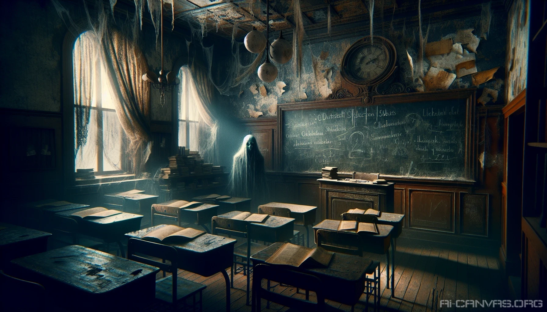 Picture a dimly lit, decrepit classroom with peeling paint and dusty desks scattered throughout. Shadows loom in the corners while ethereal orbs of light flicker ominously. An old chalkboard, covered in cryptic messages, hints at long-lost secrets. A ghostly figure, dressed in tattered school uniform, glides through the room, whispering forgotten lessons to those brave enough to listen. The air is thick with tension and the echoes of laughter from the past.