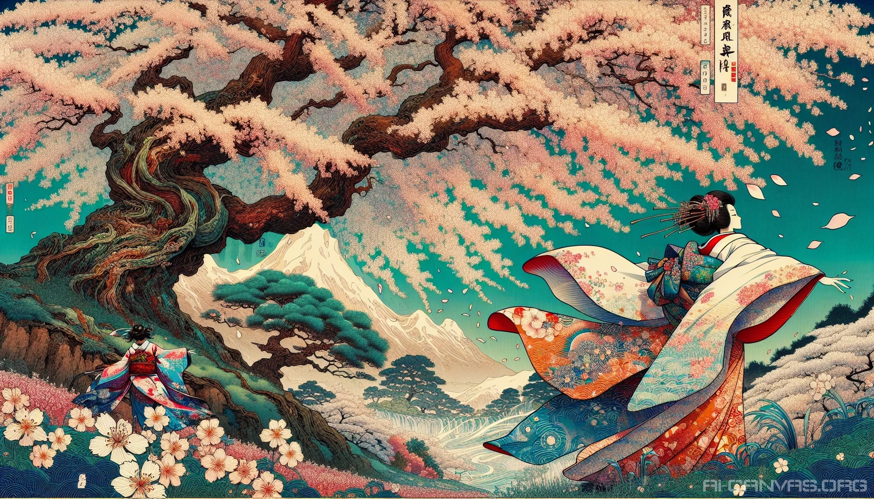 Capture the essence of traditional Japanese ukiyo-e art, reimagined through vibrant anime aesthetics. Visualize a serene landscape featuring a majestic cherry blossom tree, delicate petals flowing in the wind, paired with a spirited character dressed in traditional kimono adorned with intricate patterns. The scene radiates harmony and nostalgia, blending vivid colors and dynamic lines that evoke both the past and a contemporary vibe, inviting viewers into this enchanting world.