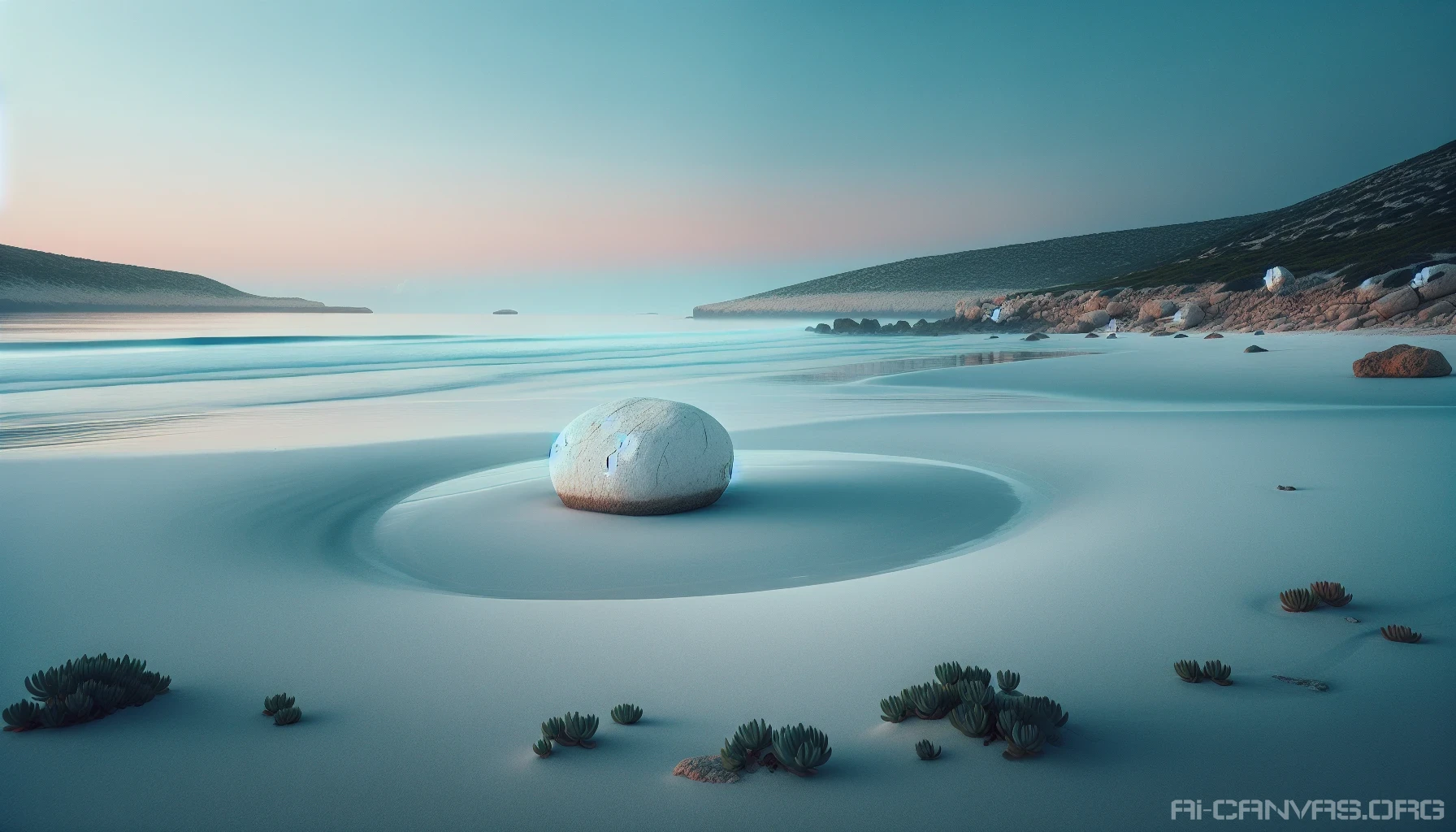 Envision a tranquil scene where a single, striking white stone stands on a smooth, pale sand beach. The horizon stretches wide under a gentle pastel sky at dawn, blending hues of soft pink and light blue. Delicate waves lapping at the shore create a soothing melody, while sparse, green succulents grace the background, embodying simplicity and peace in perfect harmony with nature.